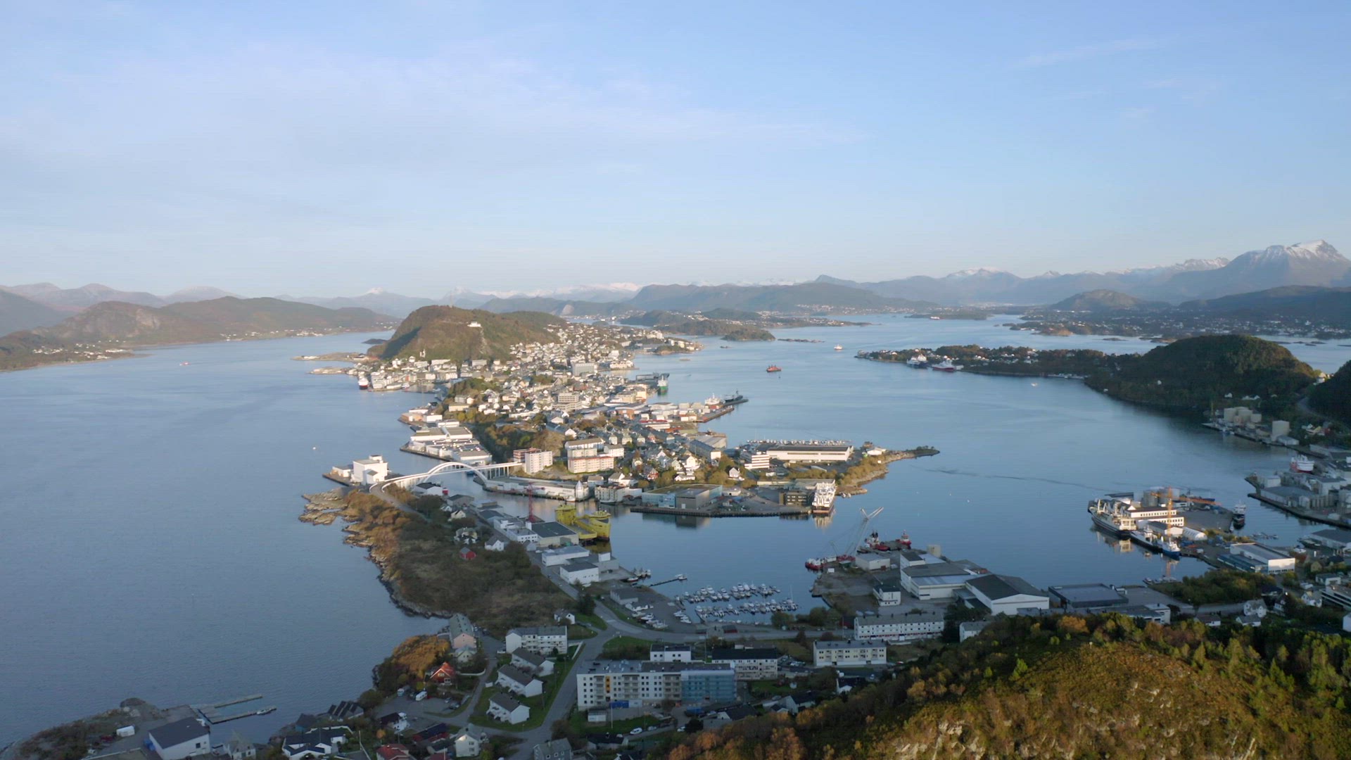 Alesund City on the West Coast of Norway at Sunset Aerial View