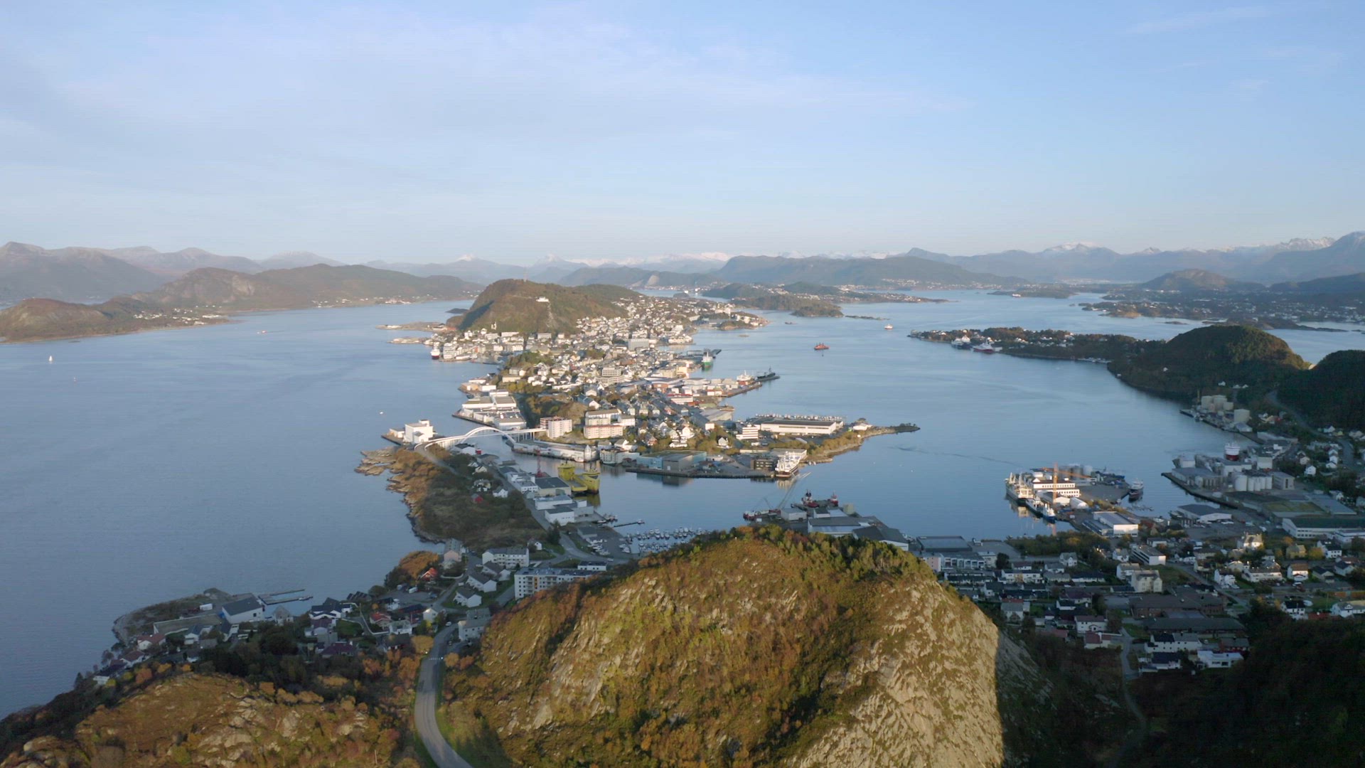 Alesund City on the West Coast of Norway at Sunset Aerial View