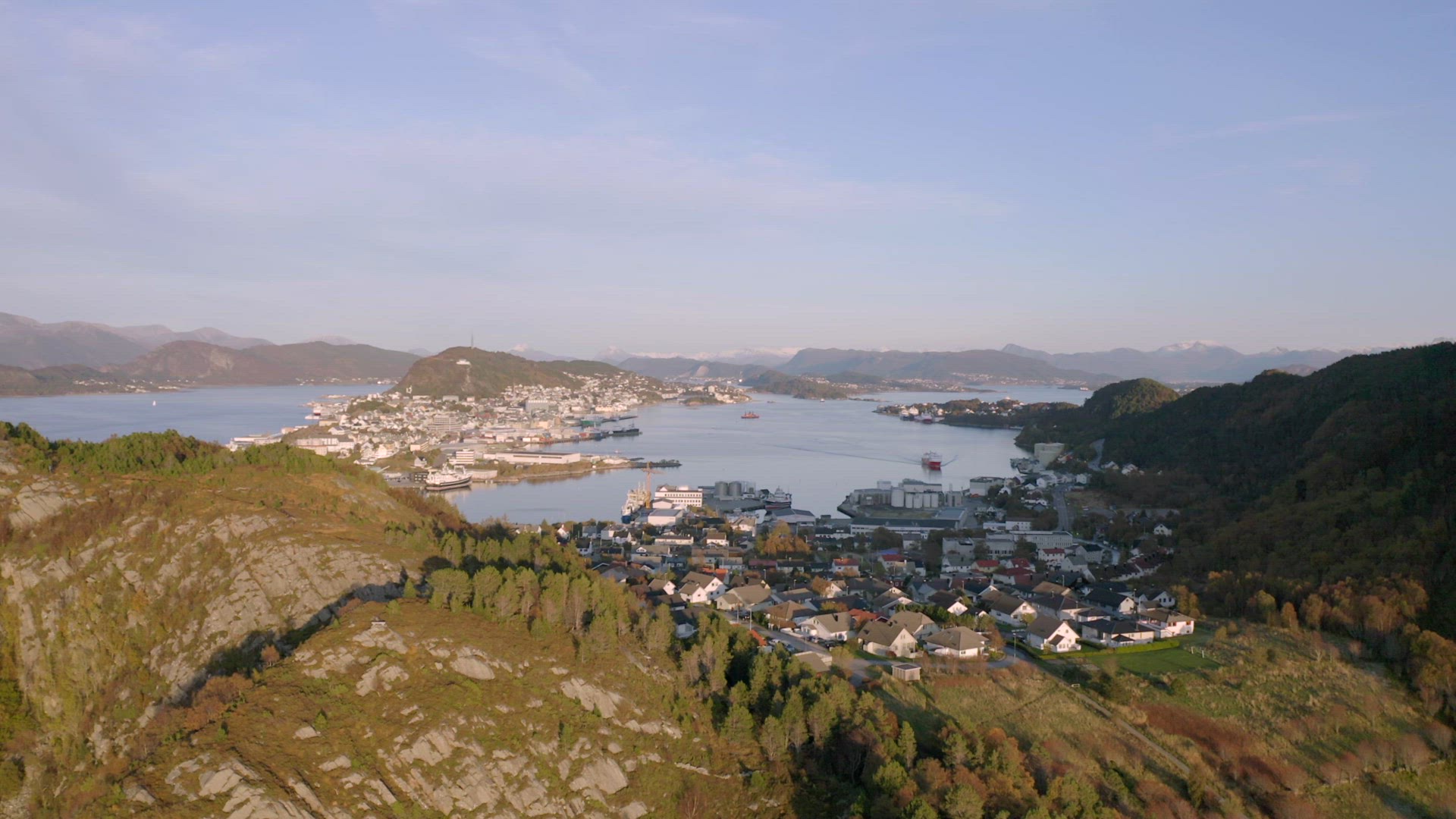 Alesund City on the West Coast of Norway at Sunset Aerial View