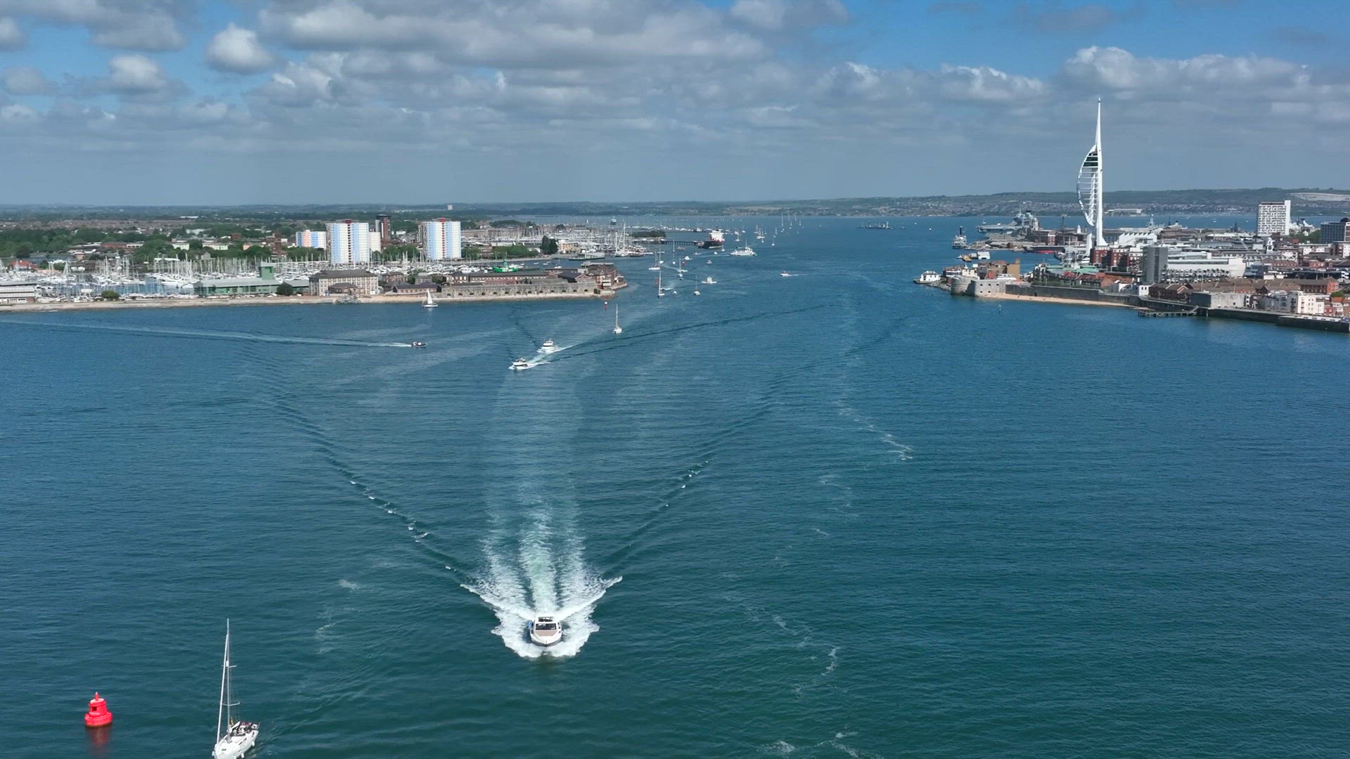 Boat Departing Portsmouth Harbour in the Summer Aerial View