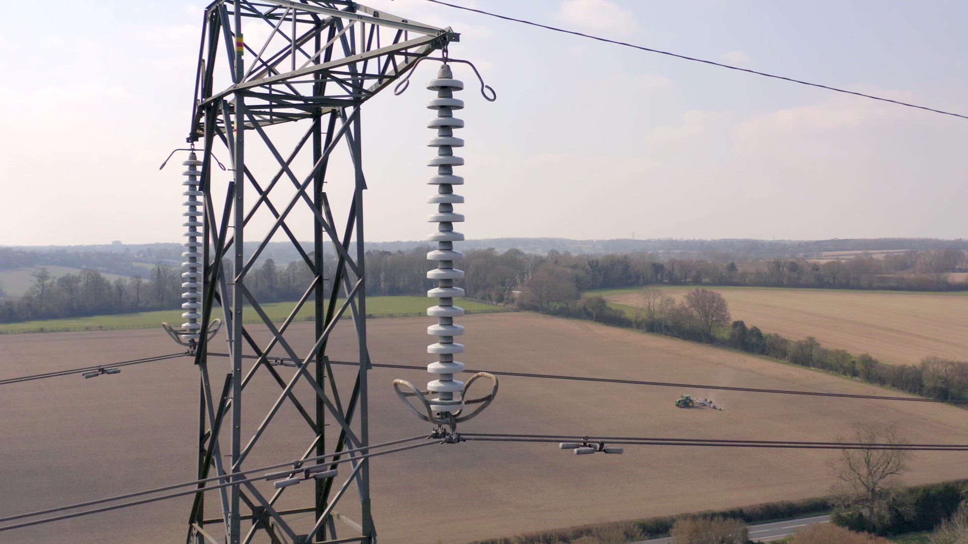 High Voltage Electrical Pylon Close Up Aerial View