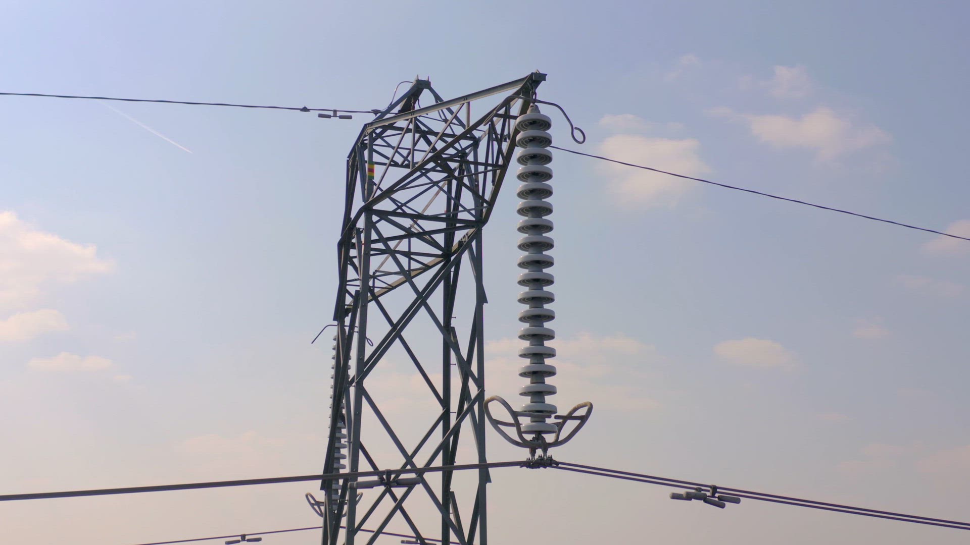 High Voltage Electrical Pylon Close Up Aerial View