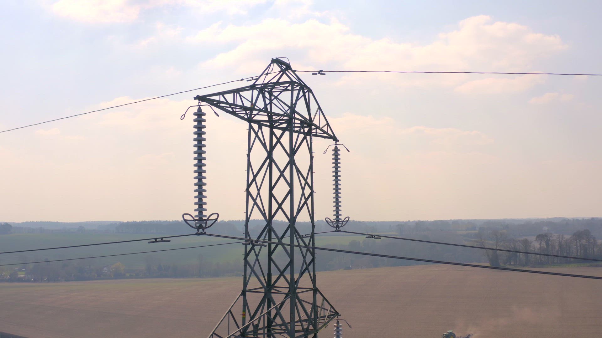 High Voltage Electrical Transmission Pylon Close Up Aerial View