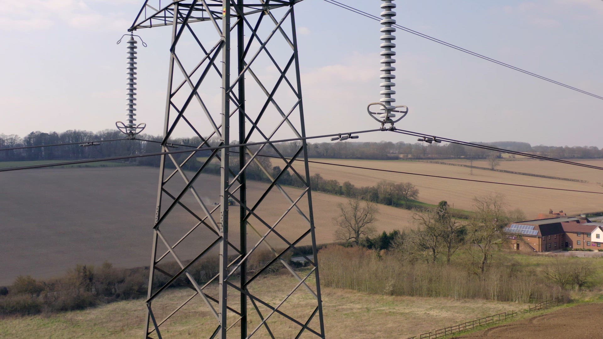 High Voltage Electrical Pylon Close Up Aerial View