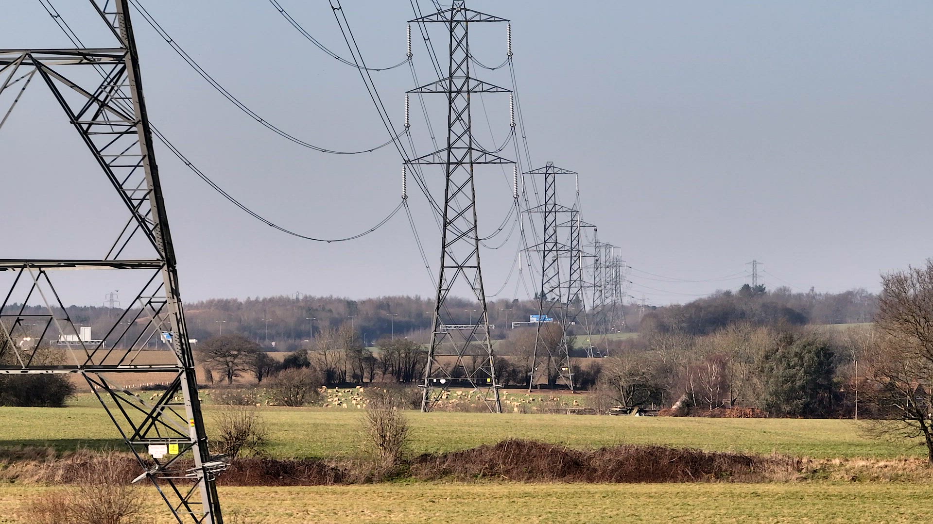 Rows of High Voltage Lattice Pylon Power Line Towers Aerial View