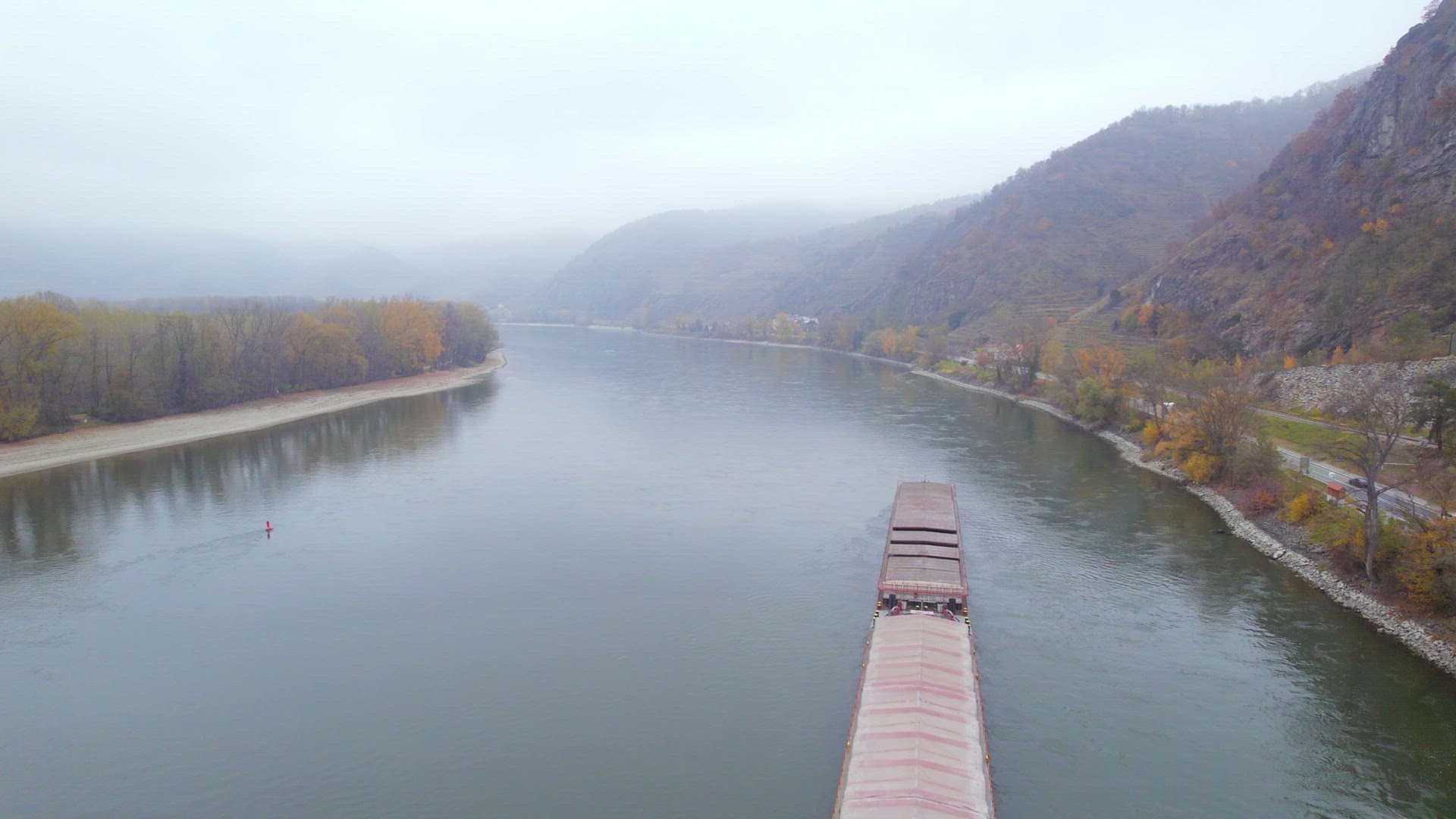 Cargo Pusher Boat on a Foggy Morning on the River Danube