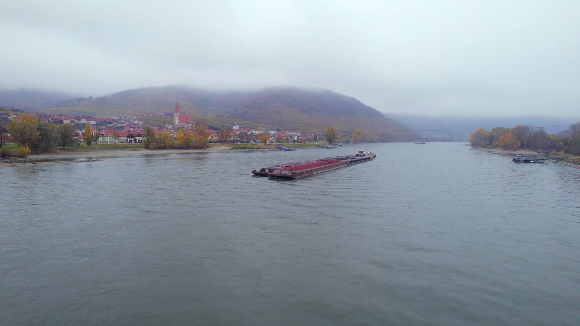 Cargo Pusher Boat on a Foggy Morning on the River Danube