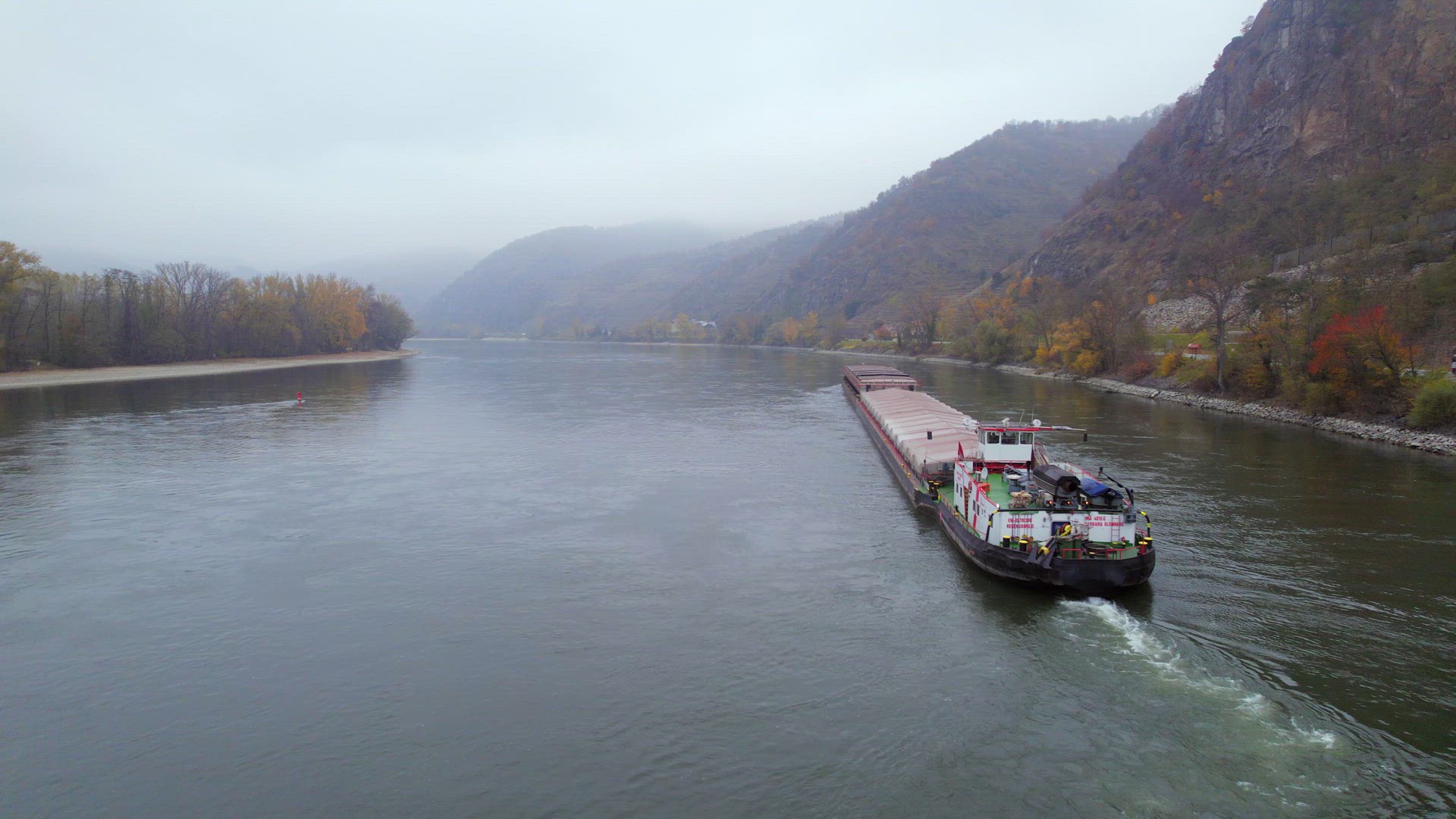Cargo Pusher Boat on a Foggy Morning on the River Danube
