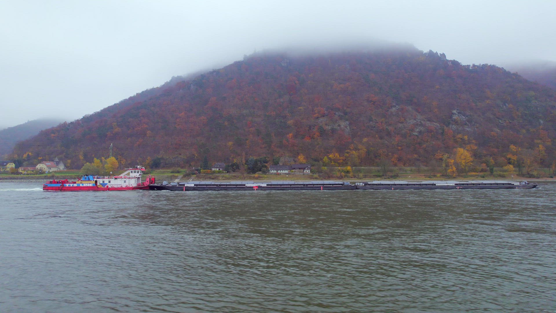 Cargo Pusher Boat on a Foggy Morning on the River Danube