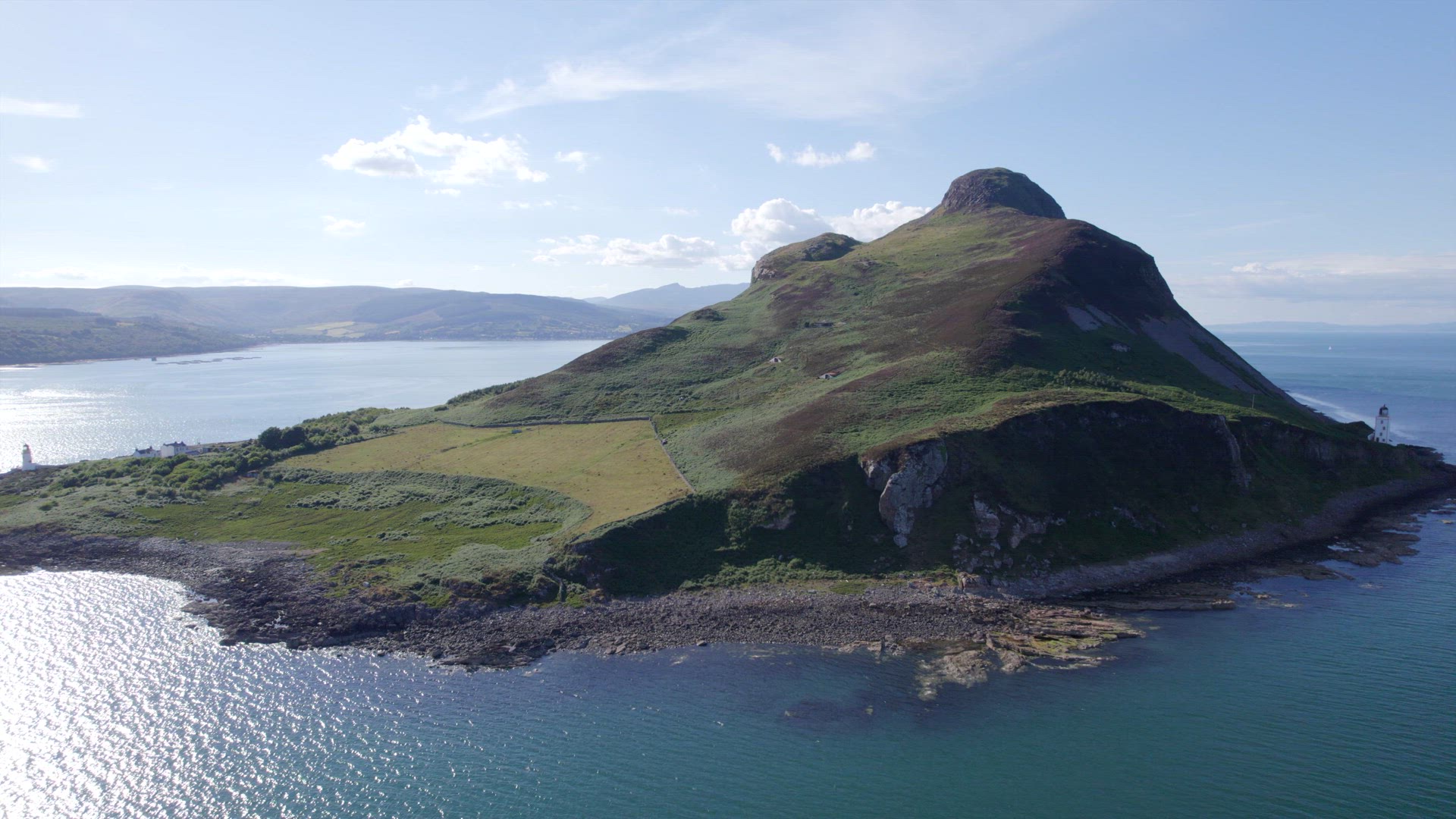 Wide Aerial View of the Holy Isle in Scotland