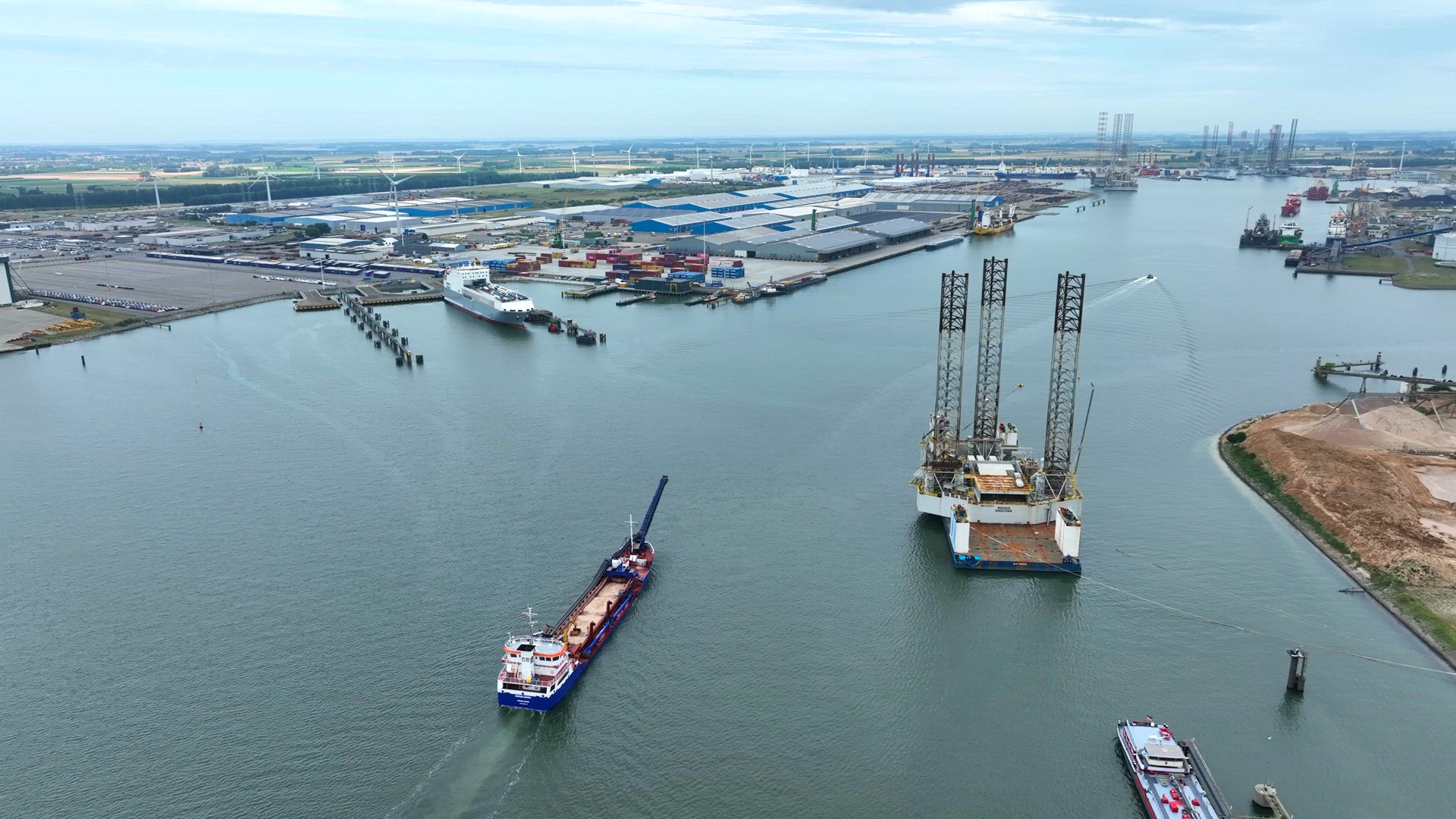 Self Unloading Bulk Carrier Vessel Aerial View Arriving at Port