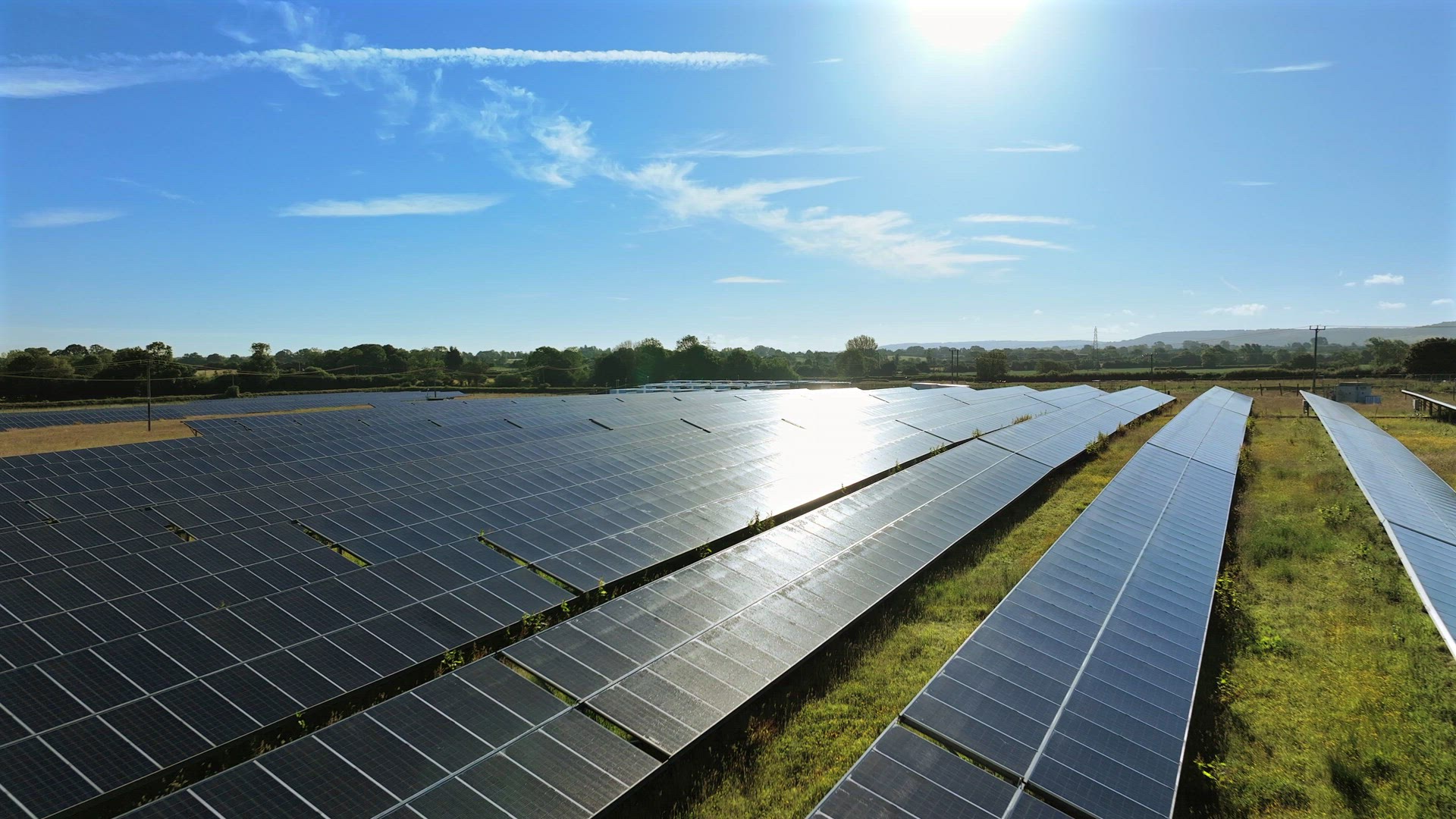 Solar Farm Panels Low Aerial Flyover