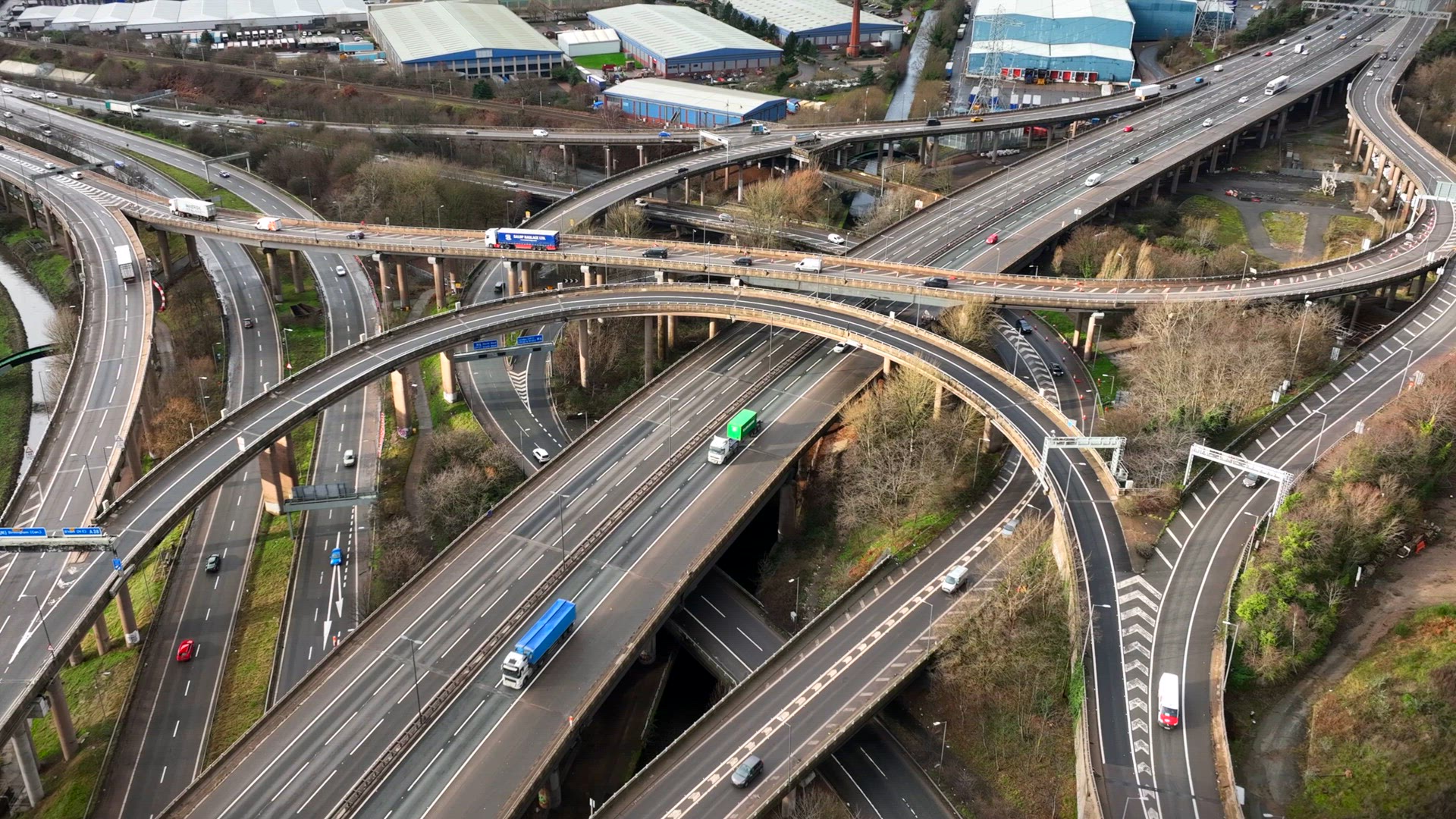 Aerial View of Vehicles Driving on Spaghetti Junction