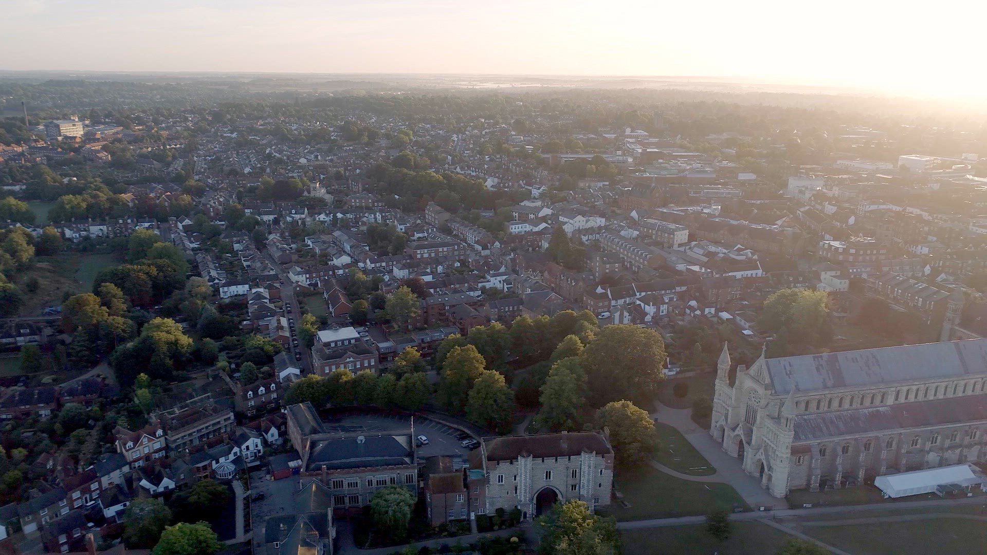 Sunrise Aerial View of the City of St Albans and its Cathedral in England