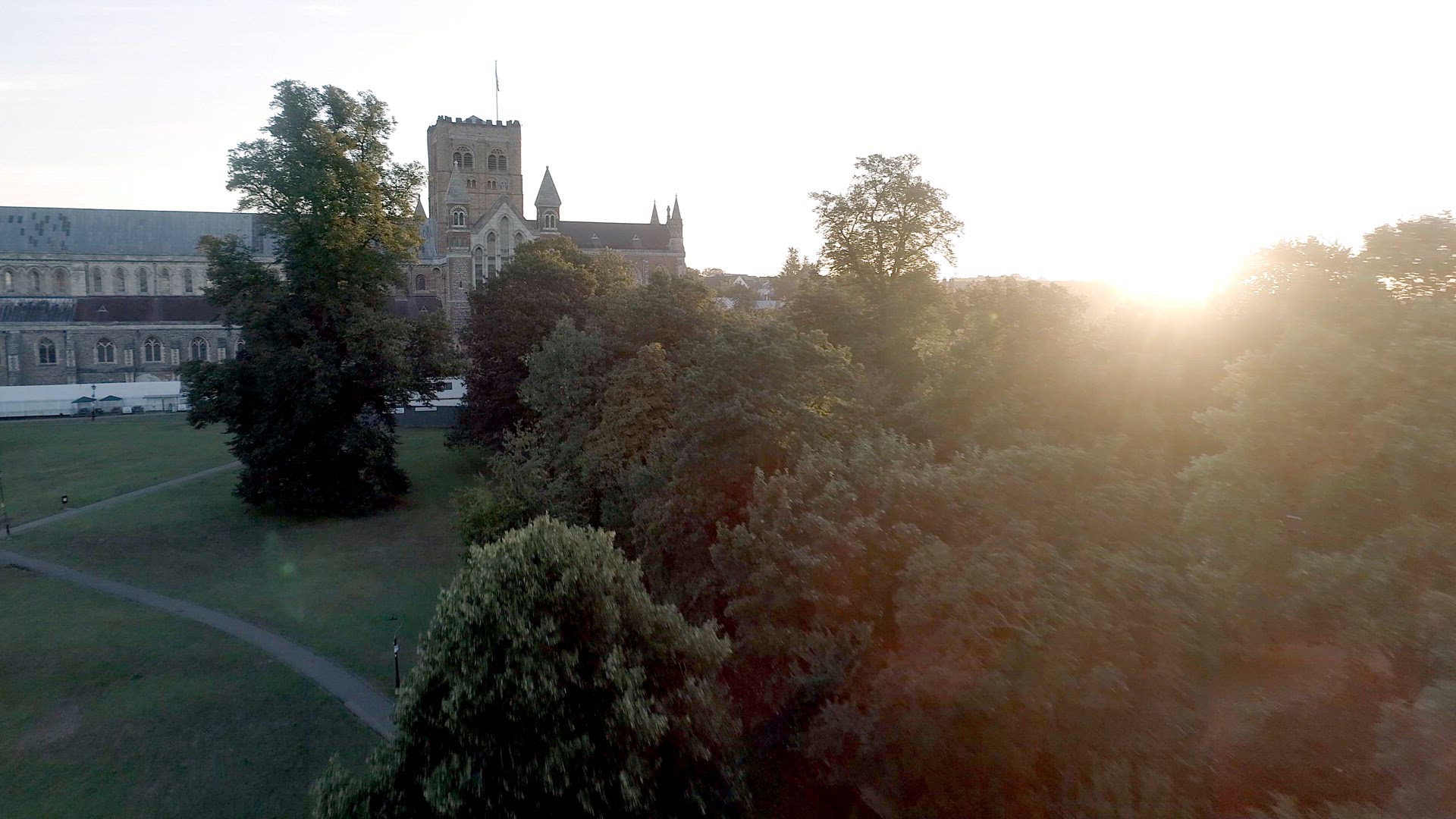 Sunrise Aerial View of the City of St Albans and its Cathedral in England