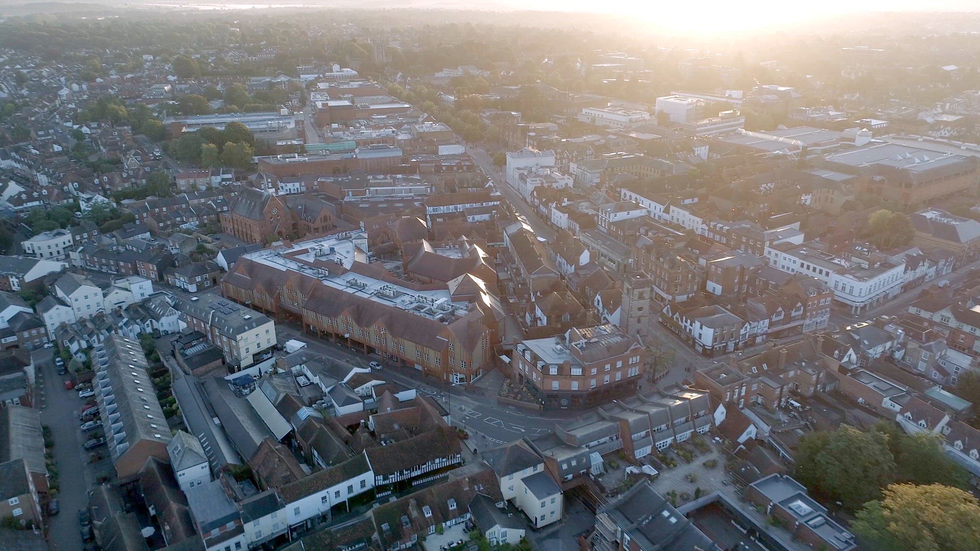 Sunrise Aerial View of the City of St Albans and its Cathedral in England