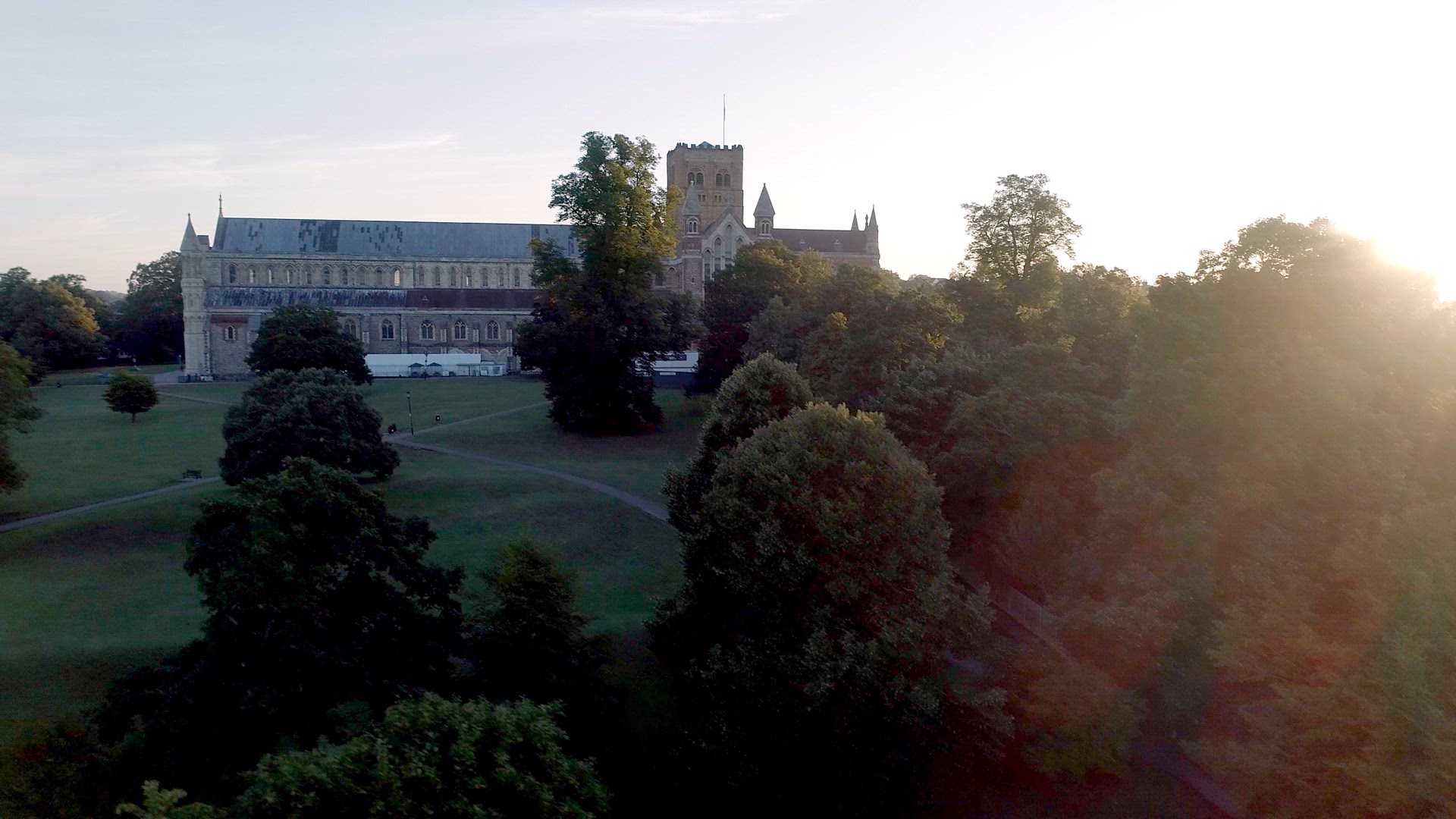 Sunrise Aerial View of the City of St Albans and its Cathedral in England
