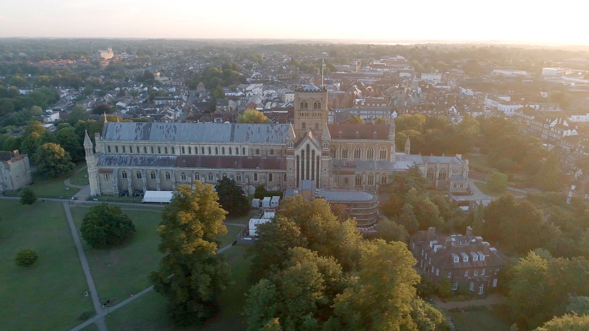 Sunrise Aerial View of the City of St Albans and its Cathedral in England
