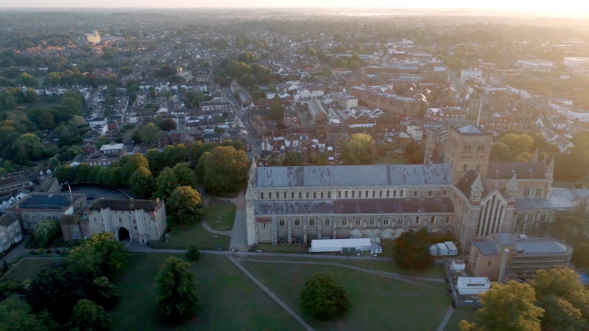 Sunrise Aerial View of the City of St Albans and its Cathedral in England