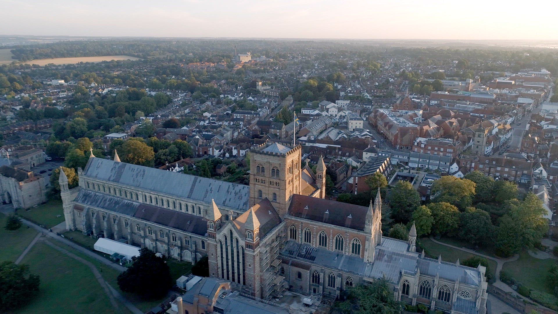 Sunrise Aerial View of the City of St Albans and its Cathedral in England