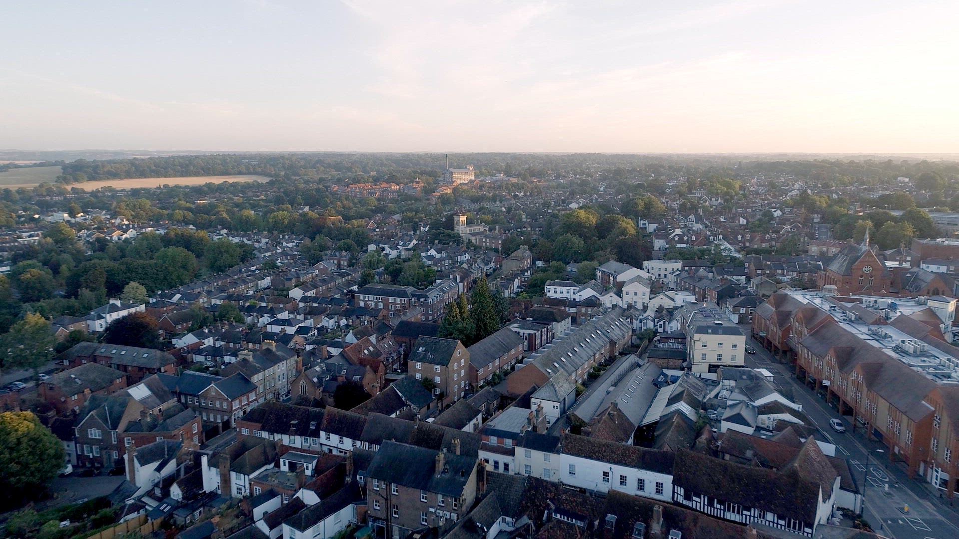 Sunrise Aerial View of the City of St Albans and its Cathedral in England