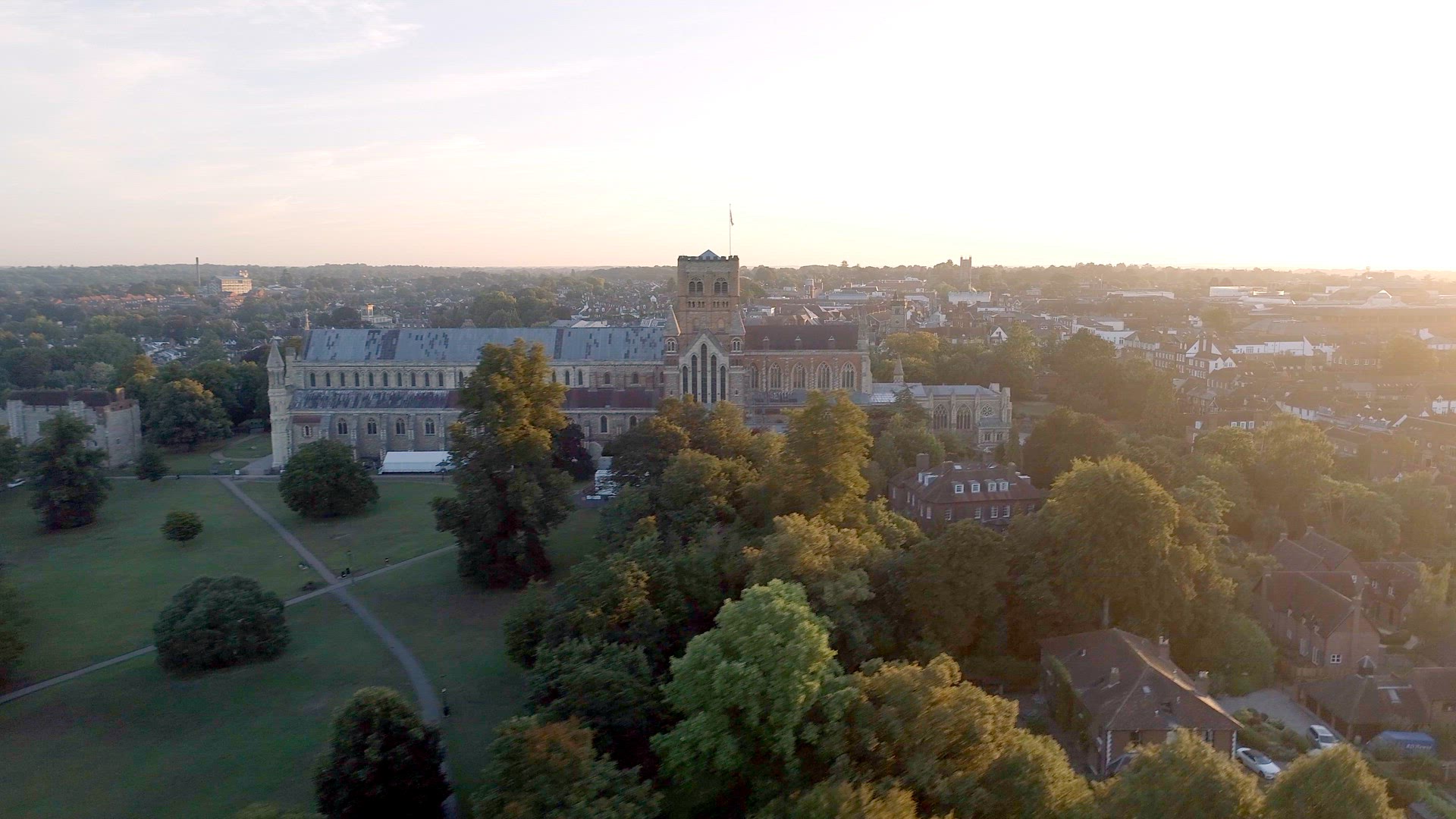 Sunrise Aerial View of the City of St Albans and its Cathedral in England