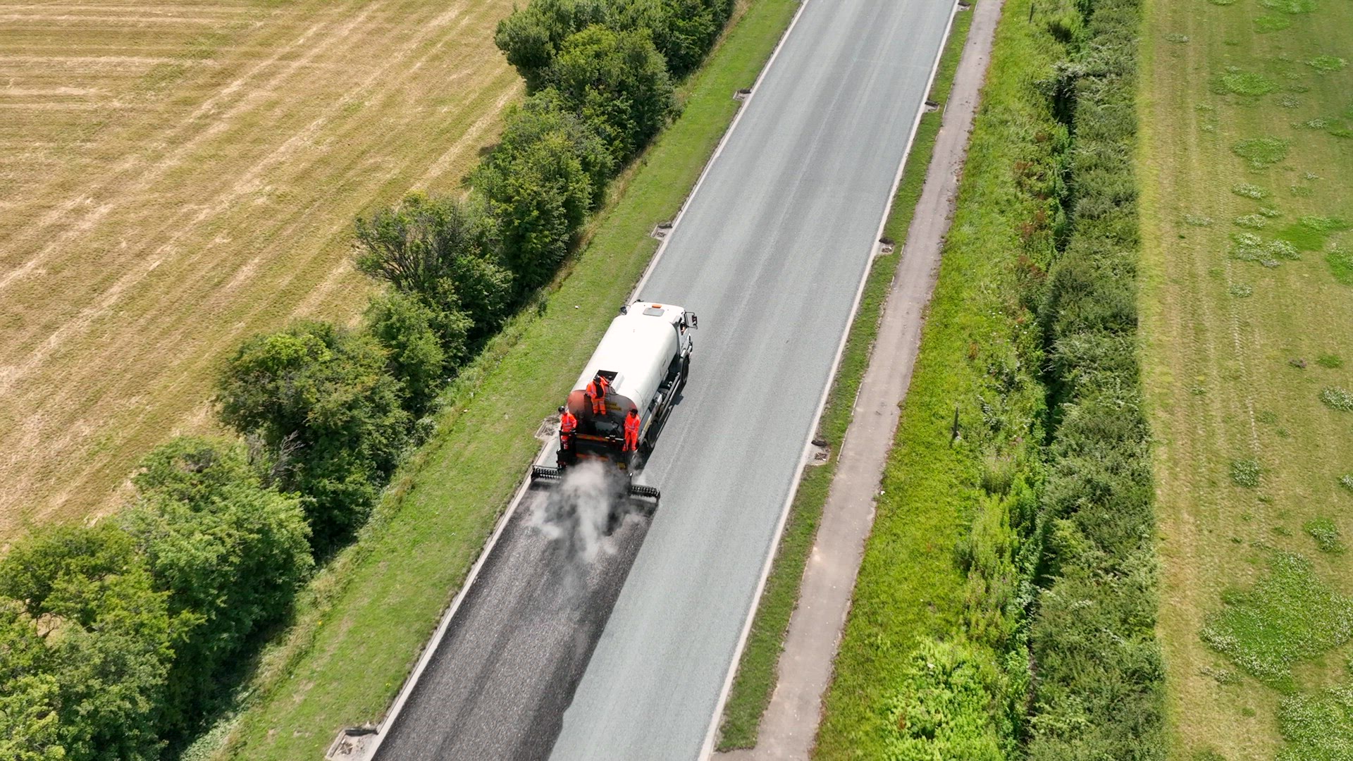 Road Resurfacing Aerial View of Surface Dressing Micro Asphalt Process