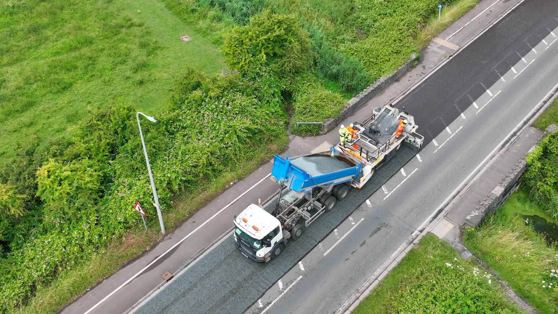 Micro Asphalt Road Resurfacing Process Aerial View