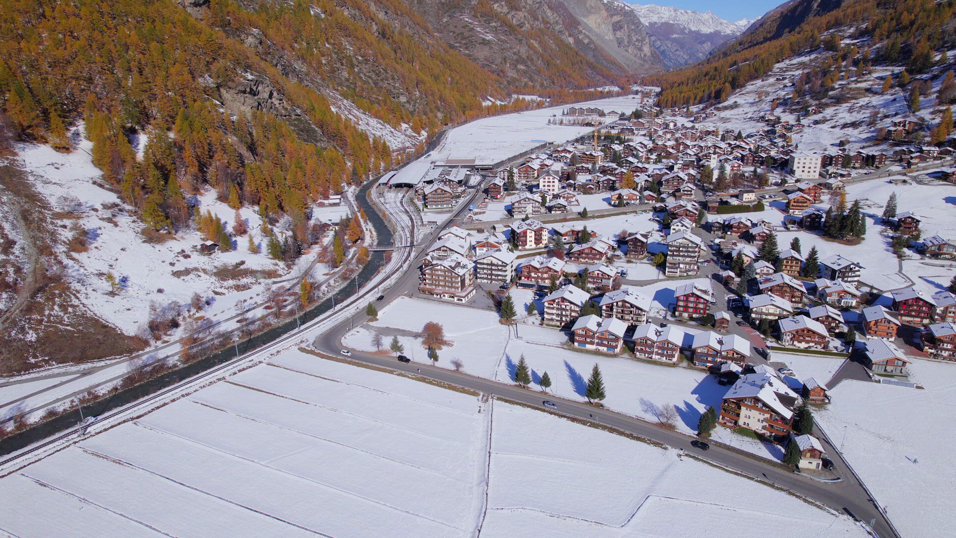 The Village of Tasch in Switzerland in the Winter Aerial View