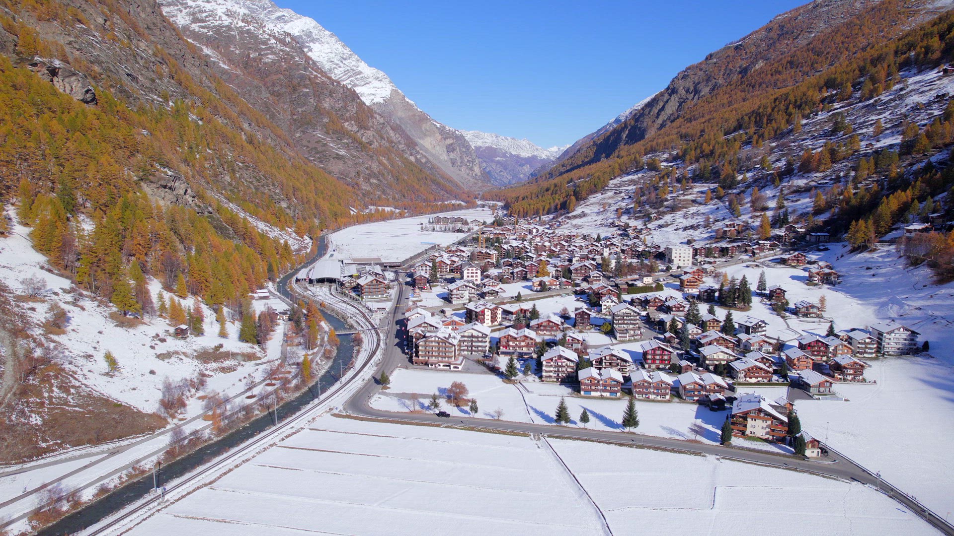 The Village of Tasch in Switzerland in the Winter Aerial View