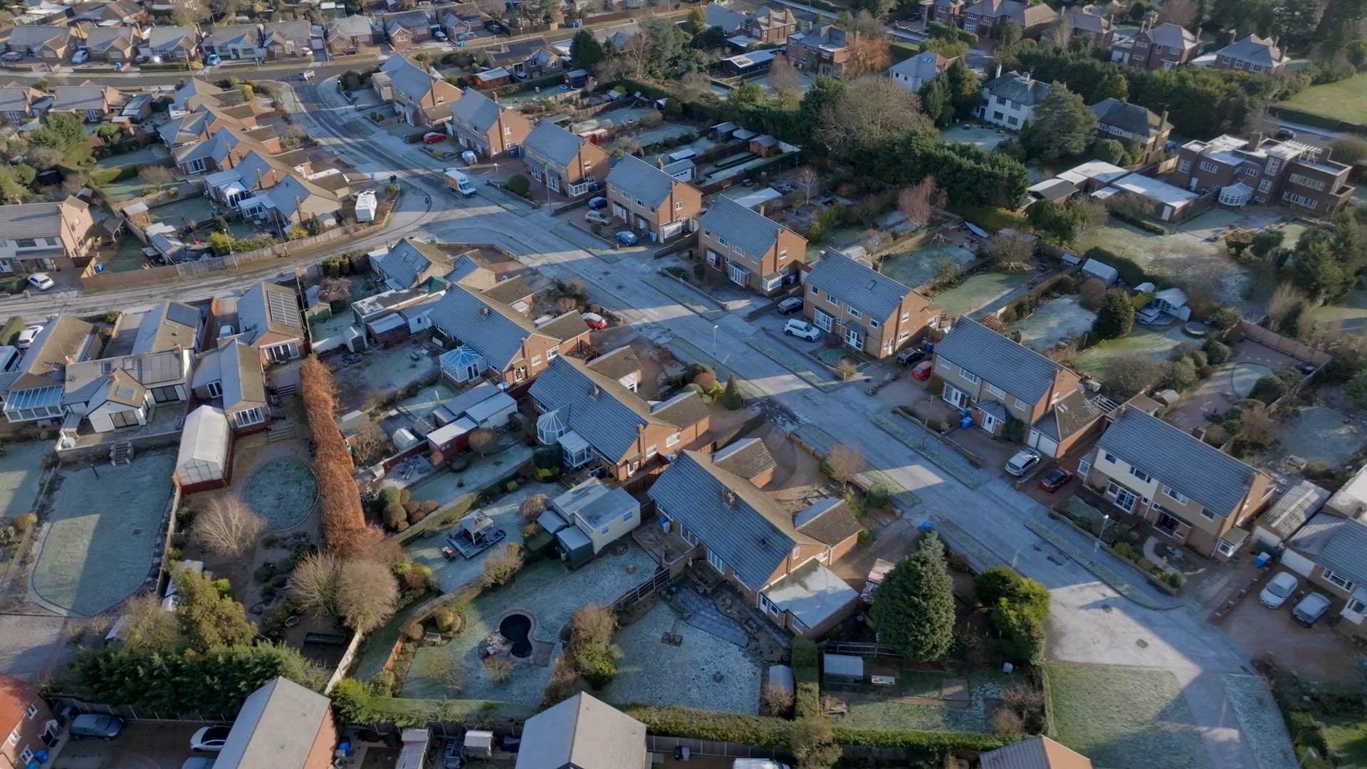 New Build Housing Estate on a Frosty UK Morning Aerial View