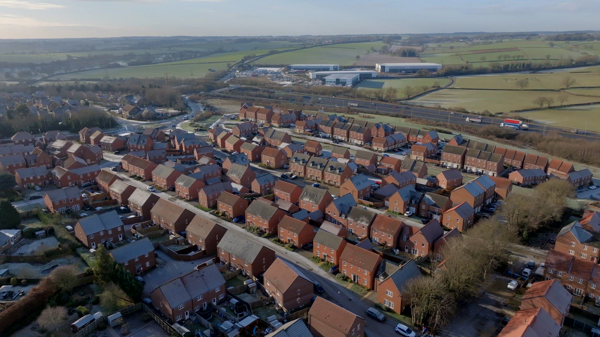 New Build Housing Estate on a Frosty UK Morning Aerial View