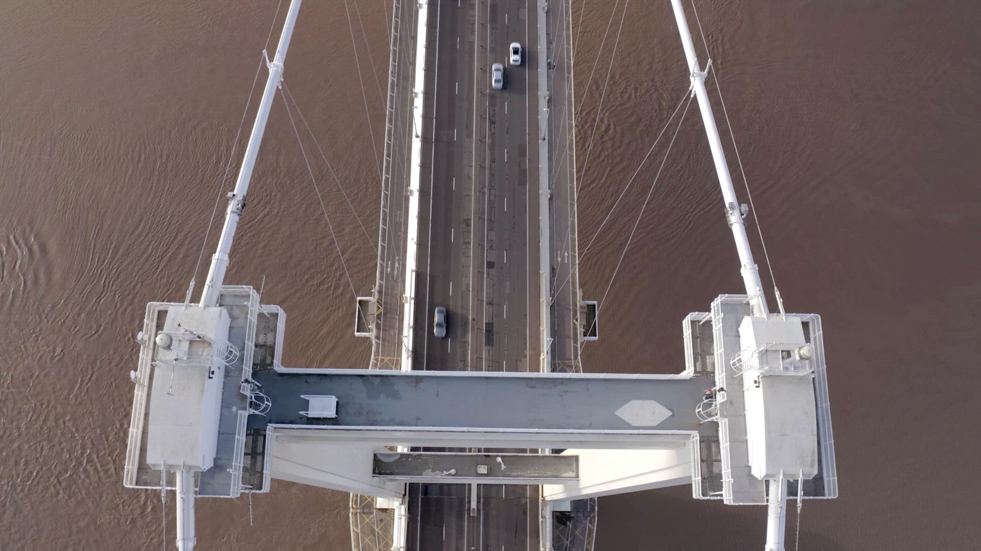 Cars and Vehicles Crossing the Severn Bridge in the UK Aerial View
