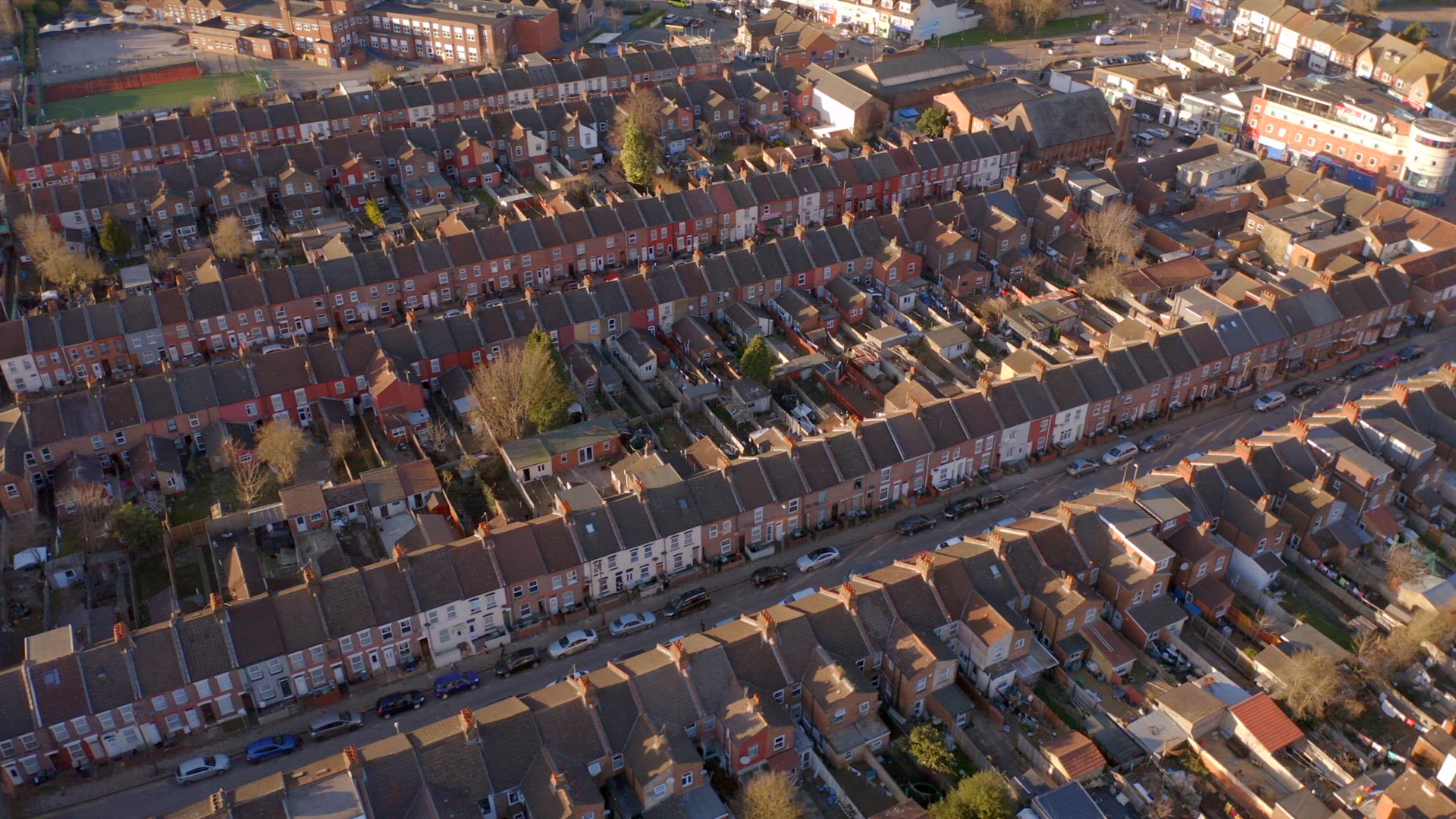Aerial View of Terraced Working Class Housing in Luton at Sunset