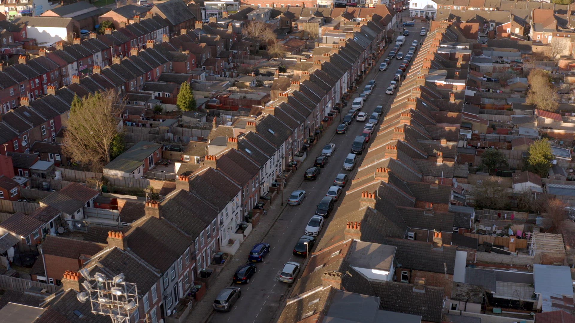 Terraced Working Class Housing in Luton Aerial View at Sunset