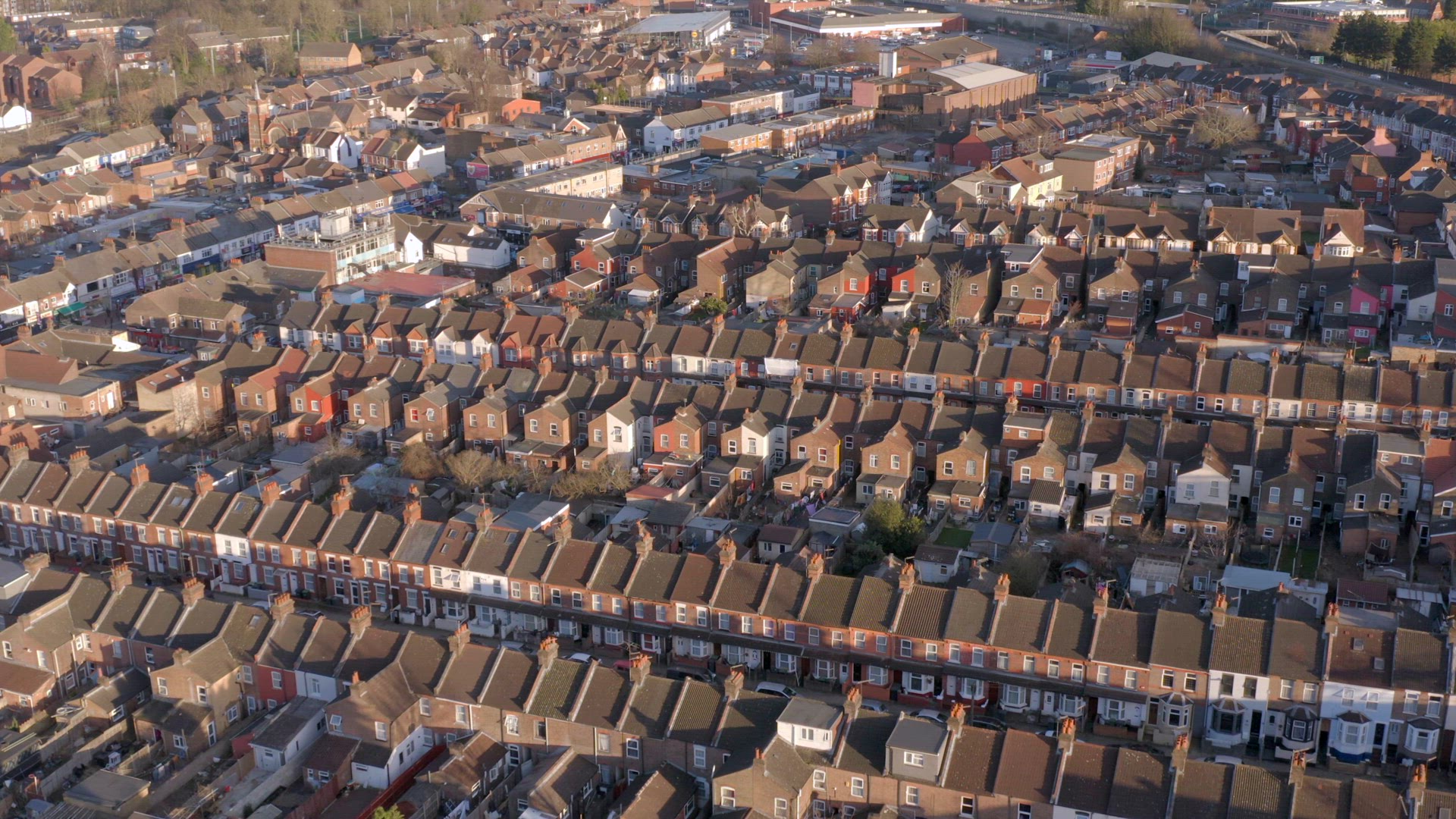 Terraced Working Class Housing in Luton Aerial View at Sunset