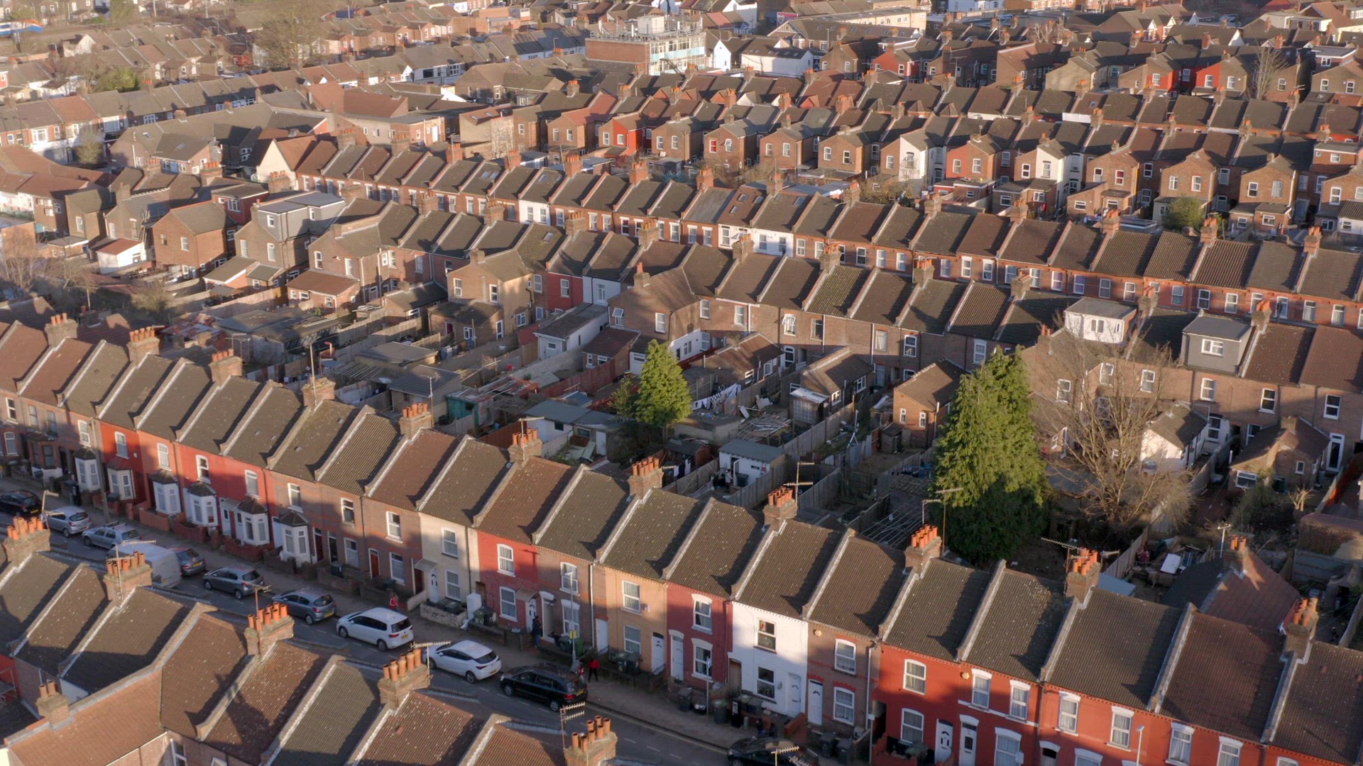 Aerial View of Terraced Working Class Housing in Luton at Sunset