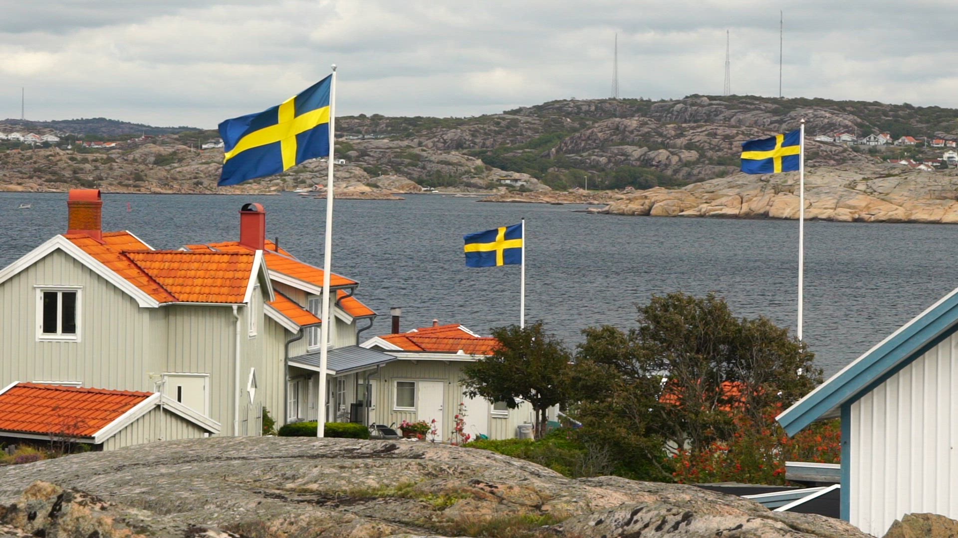 swedish flags in strong wind - houses - ramsvikslandet - slomo.mp4