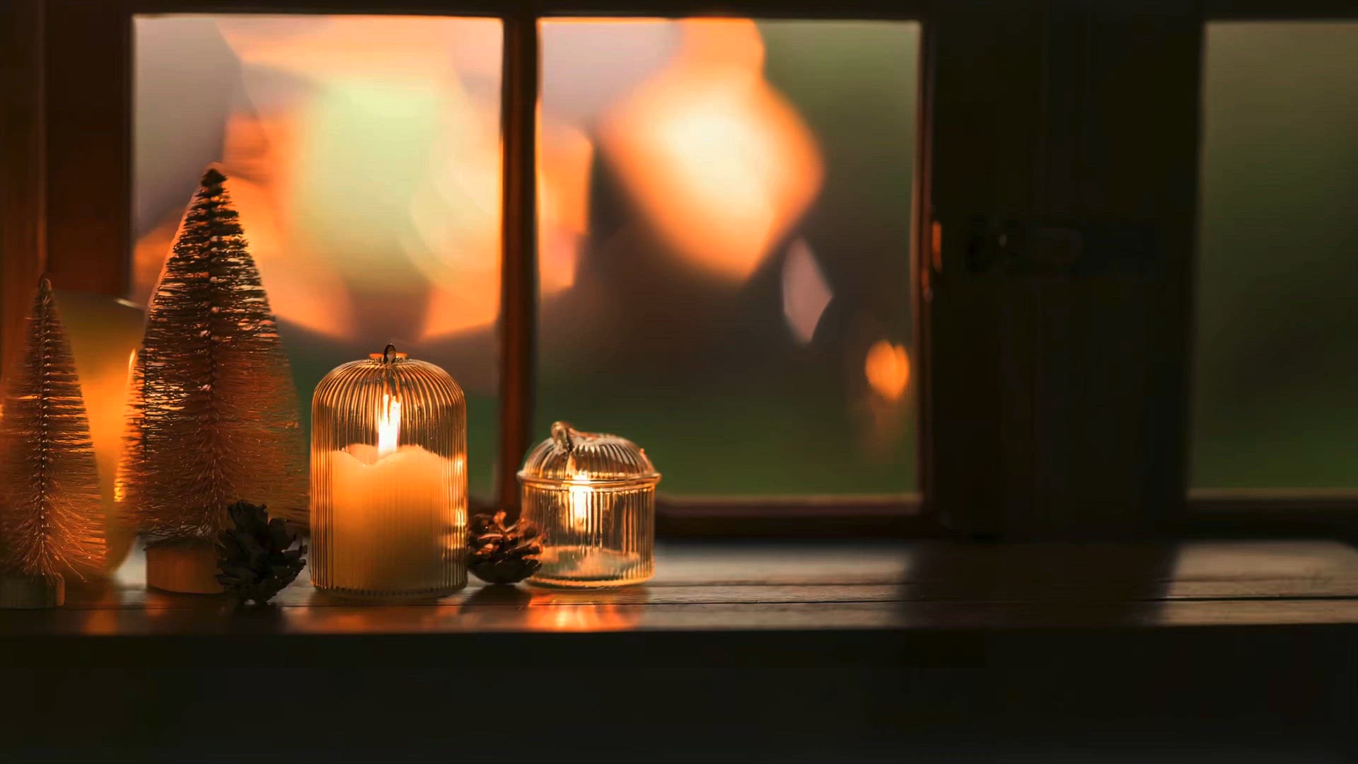 Golden Christmas Trees and Candlelit Decor on Windowsill – Warm Festive Lighting