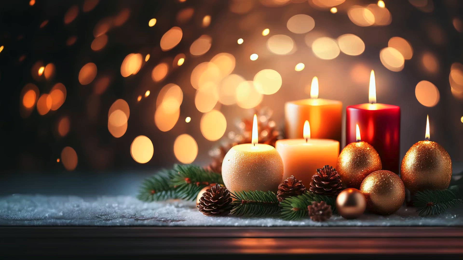 Warm Candlelit Christmas Decor with Pinecones and Gold Ornaments – Festive Bokeh Lights