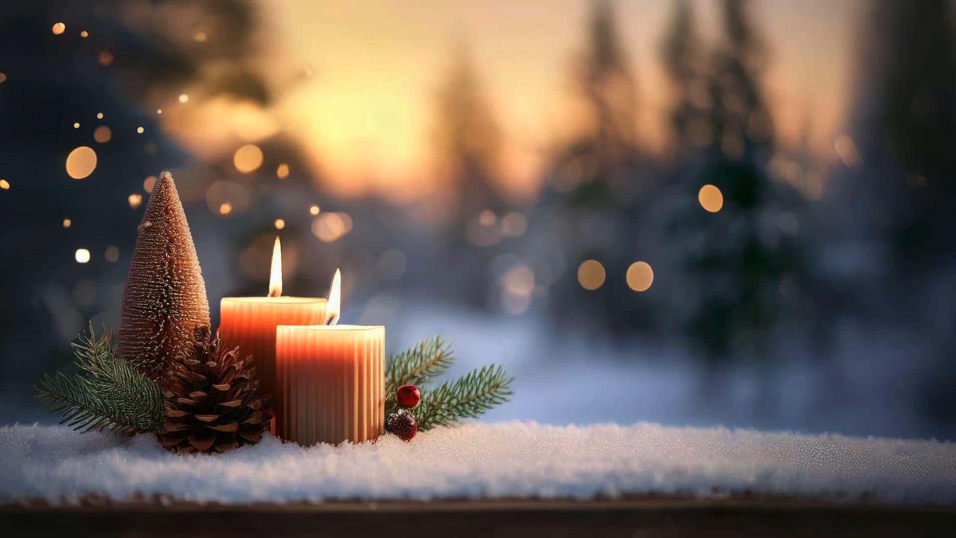 Candlelit Christmas Decor with Pinecone on Snowy Surface – Warm Winter Sunset