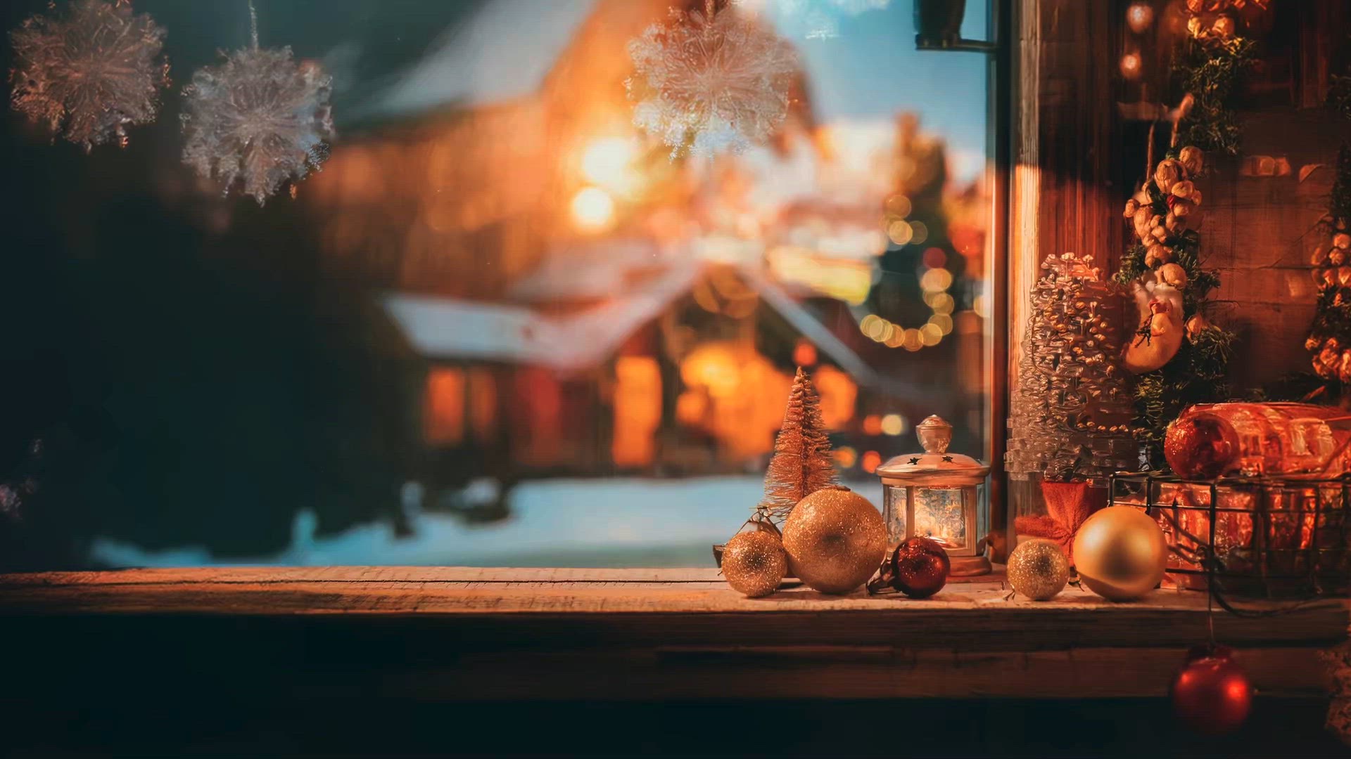 Christmas Ornaments and Lantern on Windowsill – Cozy Winter Night