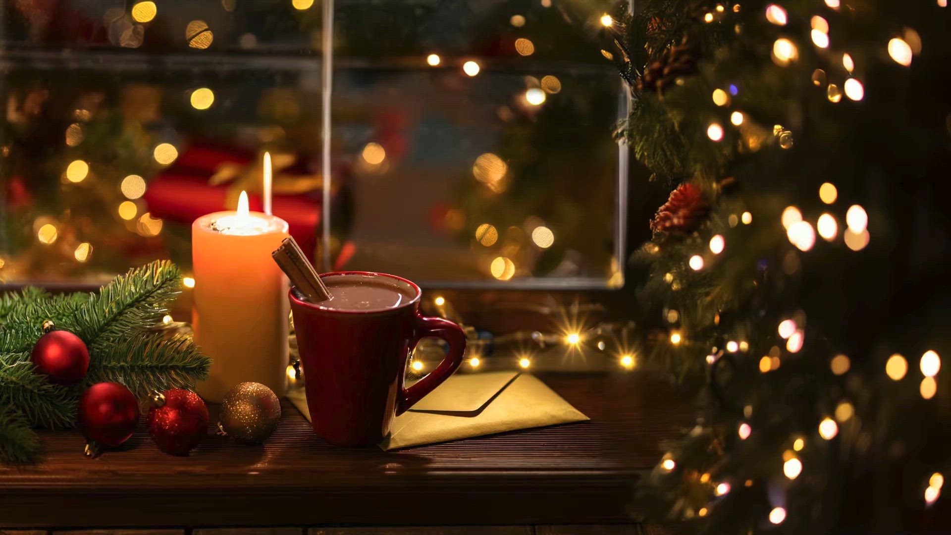 Hot Chocolate and Candle on Windowsill – Warm Christmas Evening Scene