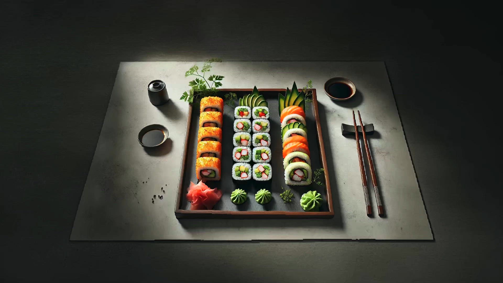 Artful Sushi Rolls Presentation: A Variety of Fresh and Vibrant Sushi with Traditional Sides