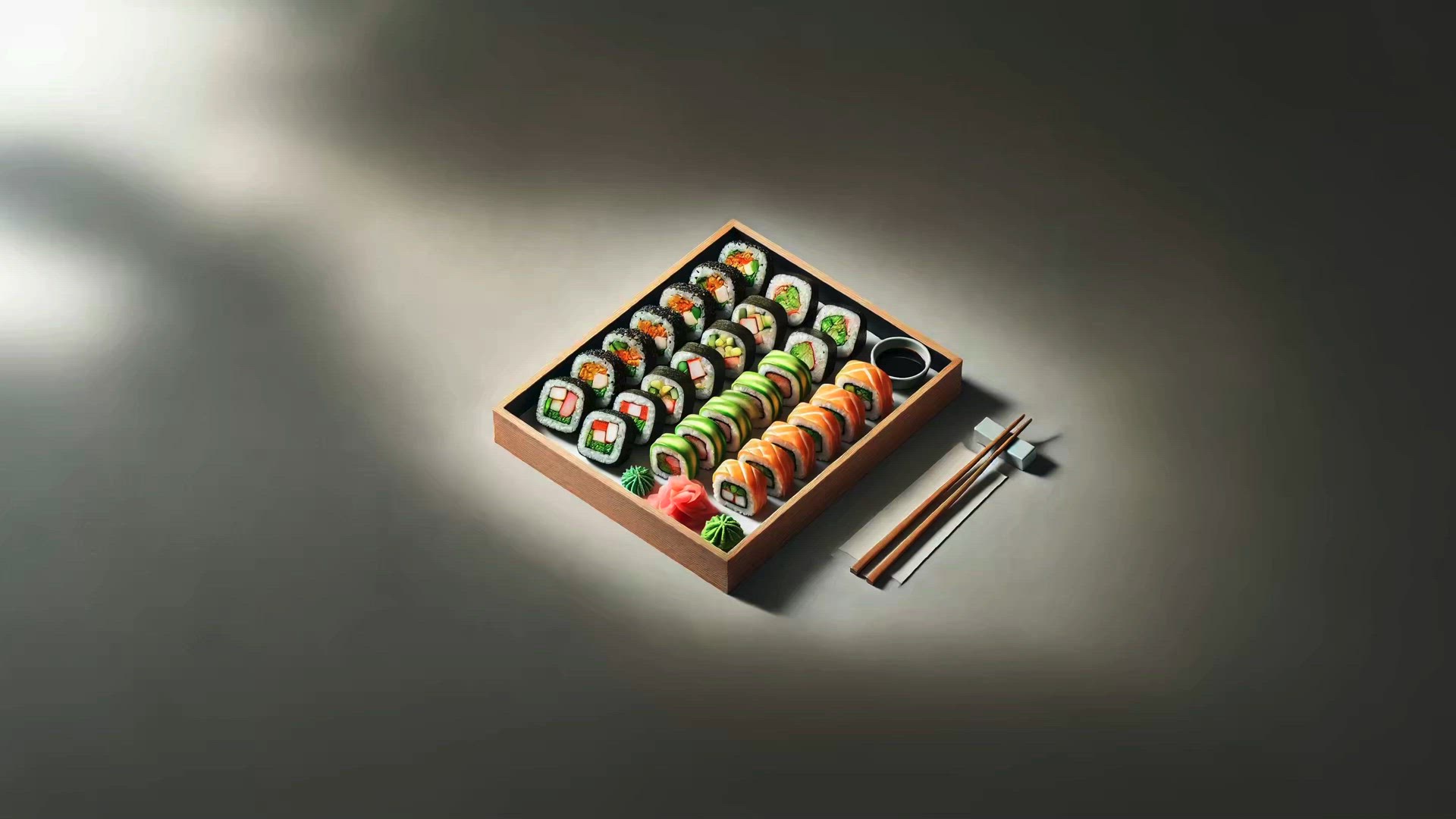 Minimalist Sushi Platter: A Vibrant Selection of Fresh Sushi Rolls with Traditional Sides