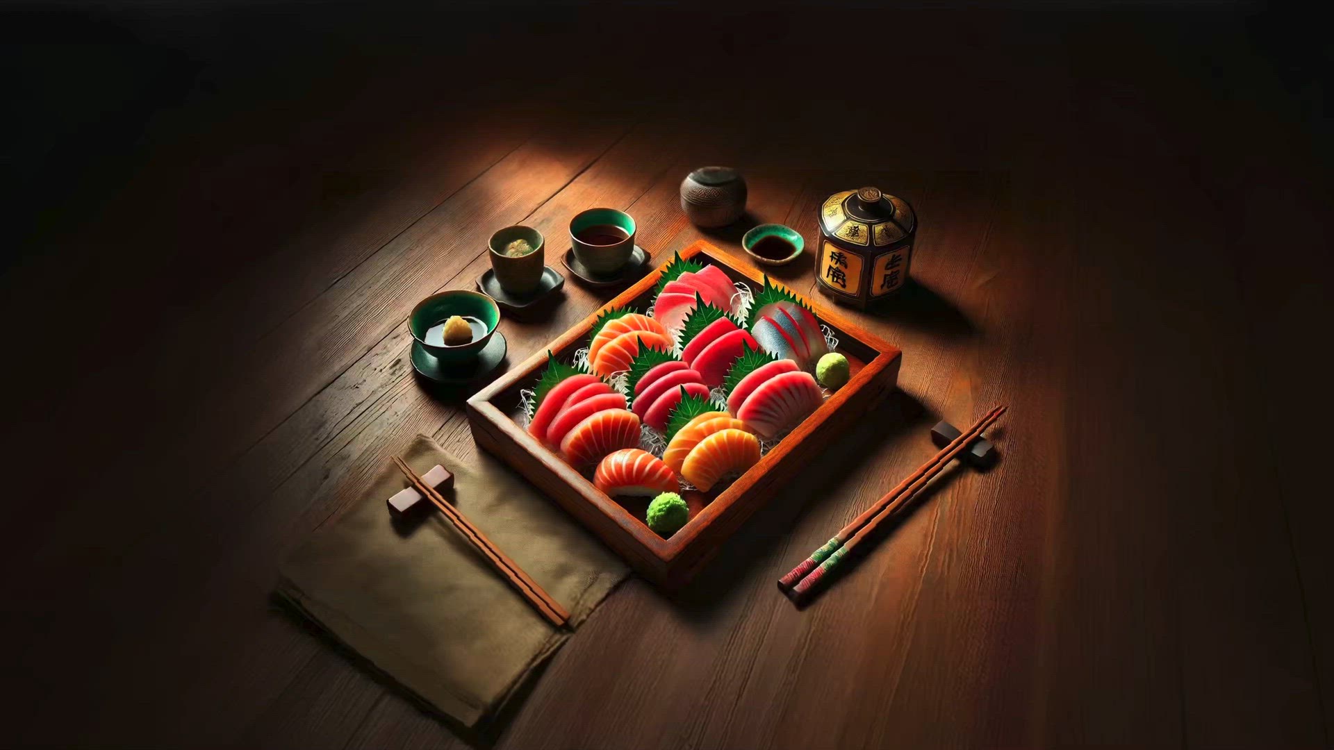 Artistic Sashimi Platter: Fresh Cuts of Fish in a Traditional Japanese Dining Setting