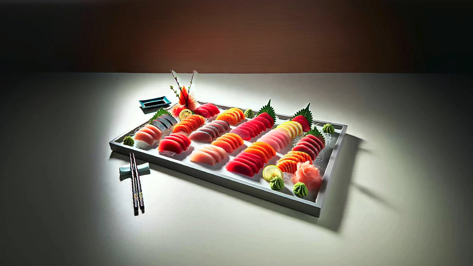 Luxurious Sashimi Platter: A Refined Array of Fresh Fish Cuts with Traditional Accents