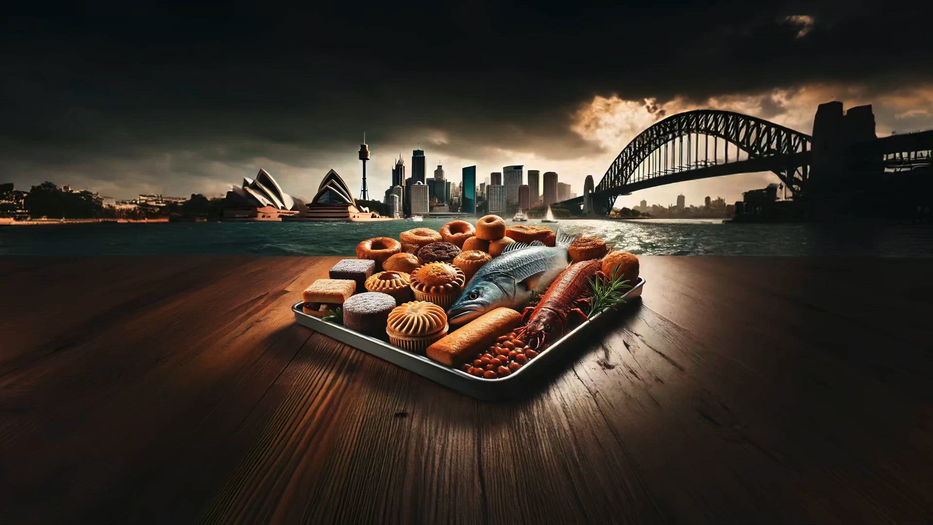 Authentic Australian Cuisine: A Gourmet Spread with Sydney’s Iconic Skyline in the Background