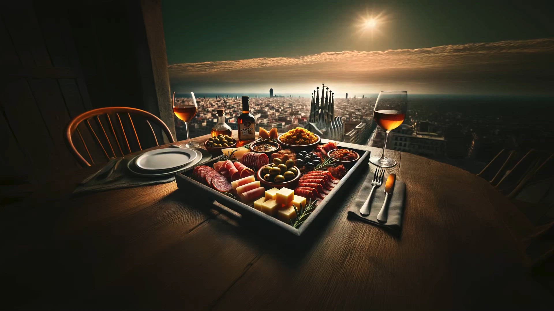 Spanish Tapas Delight: Enjoy Traditional Flavors with a Stunning Barcelona Skyline