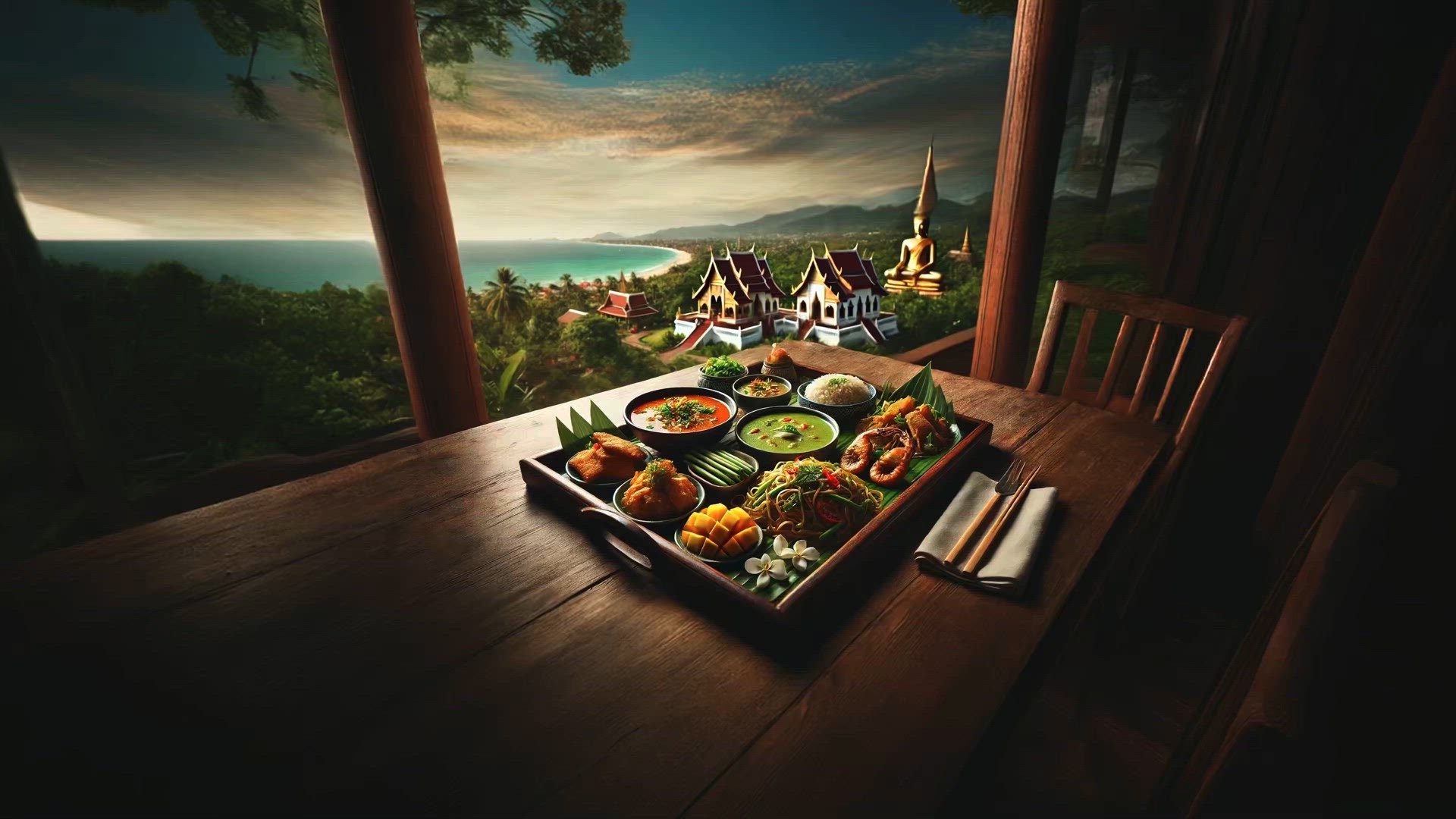 Authentic Thai Feast: A Culinary Delight Set Against Thailand’s Coastal Temple Landscape